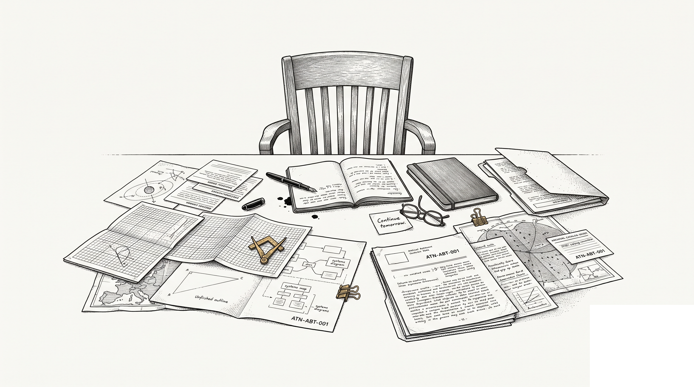 Archival ink illustration of an empty reading chair and research table for the Amid the Noise About page