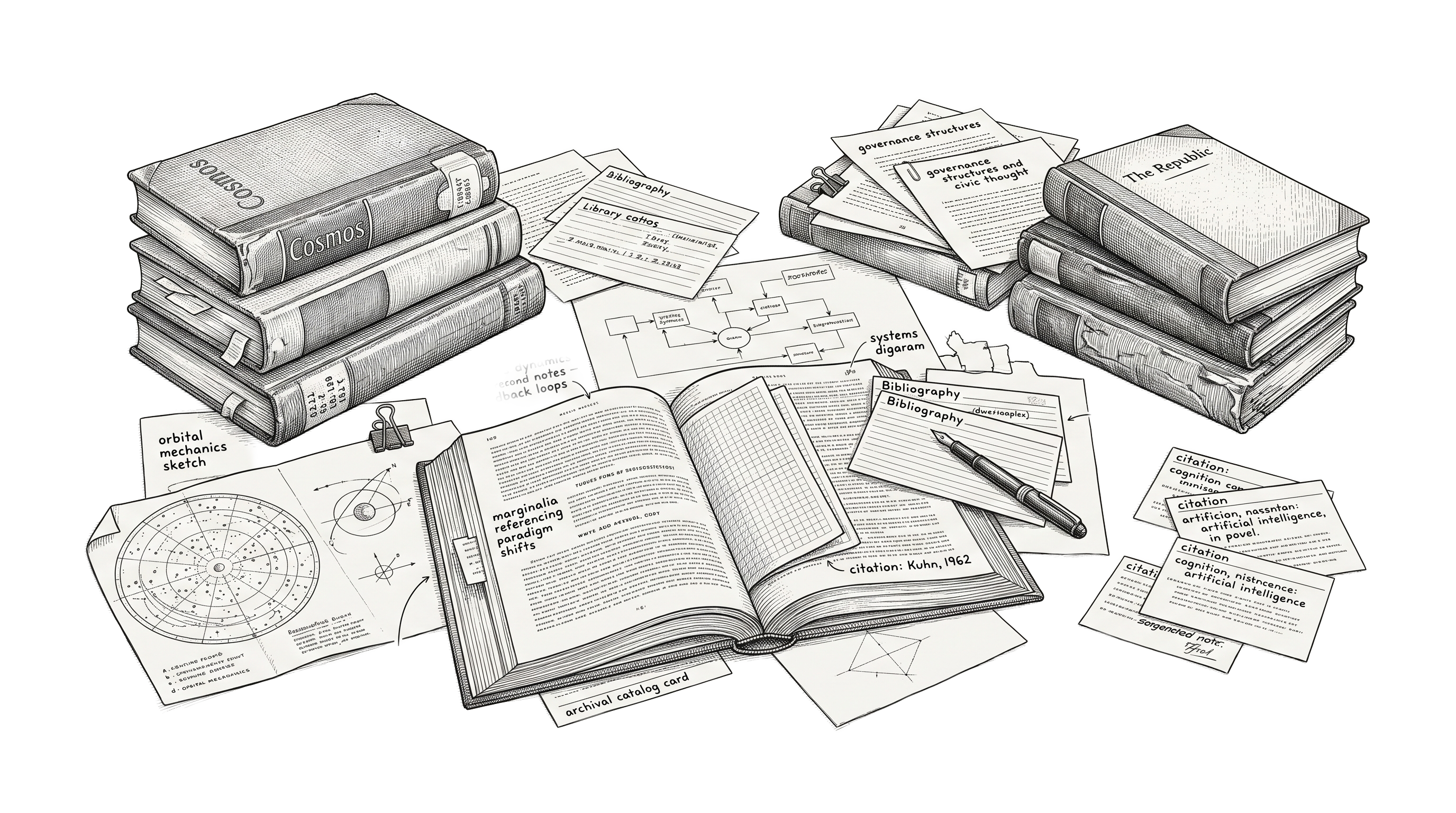 Archival illustration representing research sources, references, and intellectual foundations.