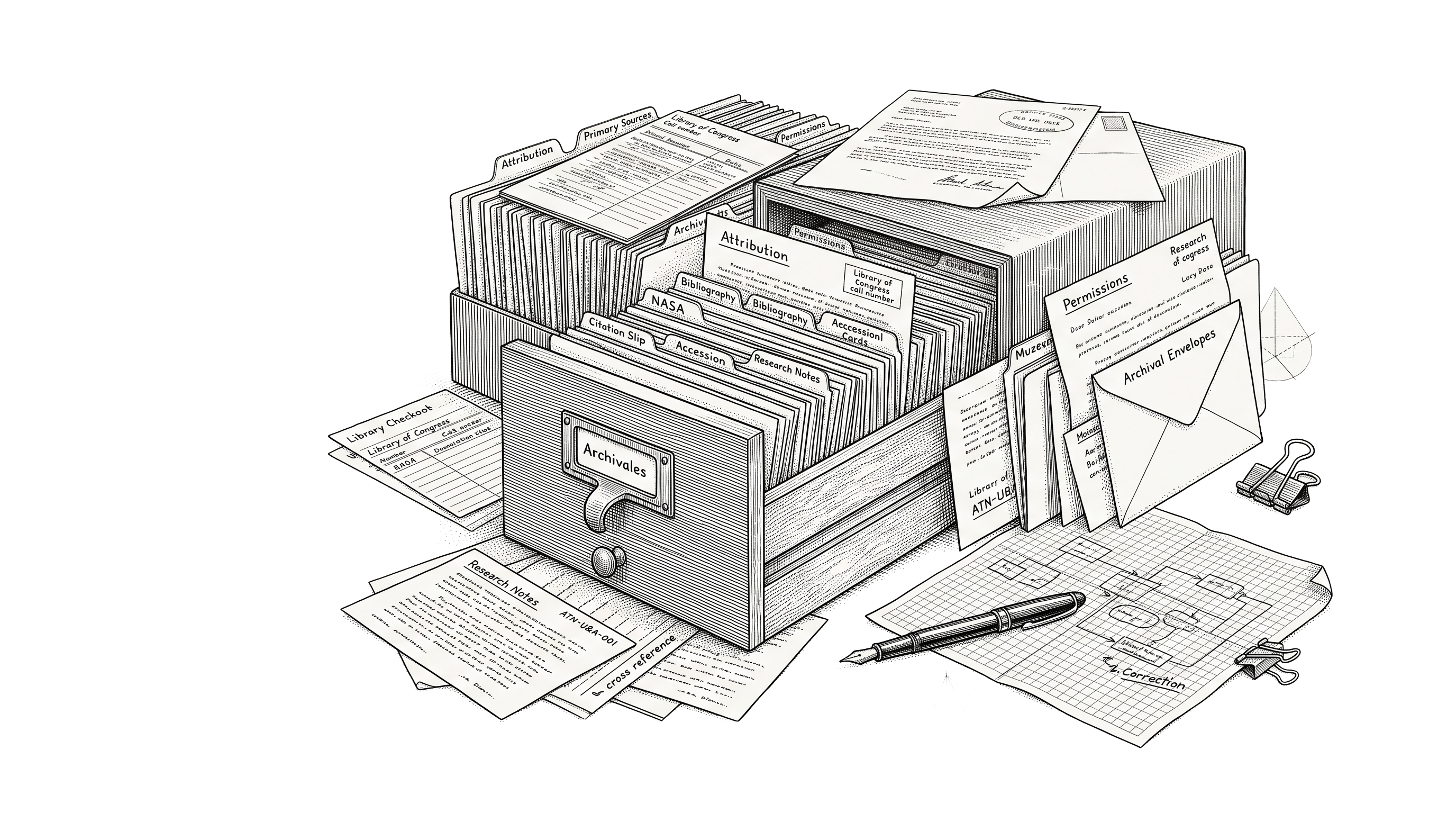 Archival ink illustration representing the provenance, attribution, and stewardship of knowledge within Amid the Noise