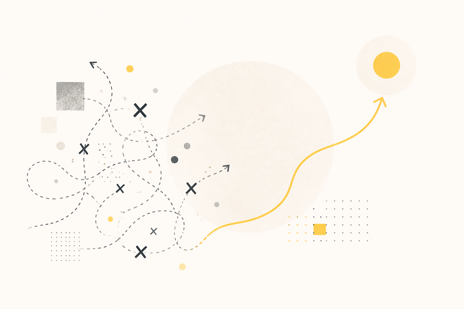 Minimal abstract composition showing divergence, fragmentation, and misalignment resolving into clarity