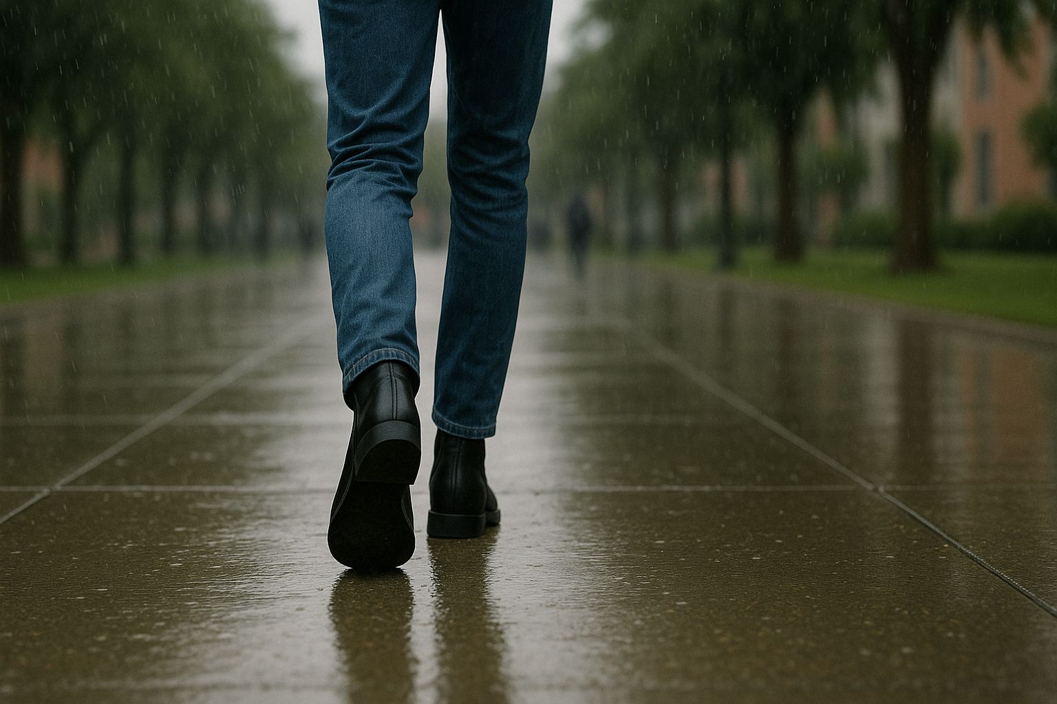 walking through a rainy campus