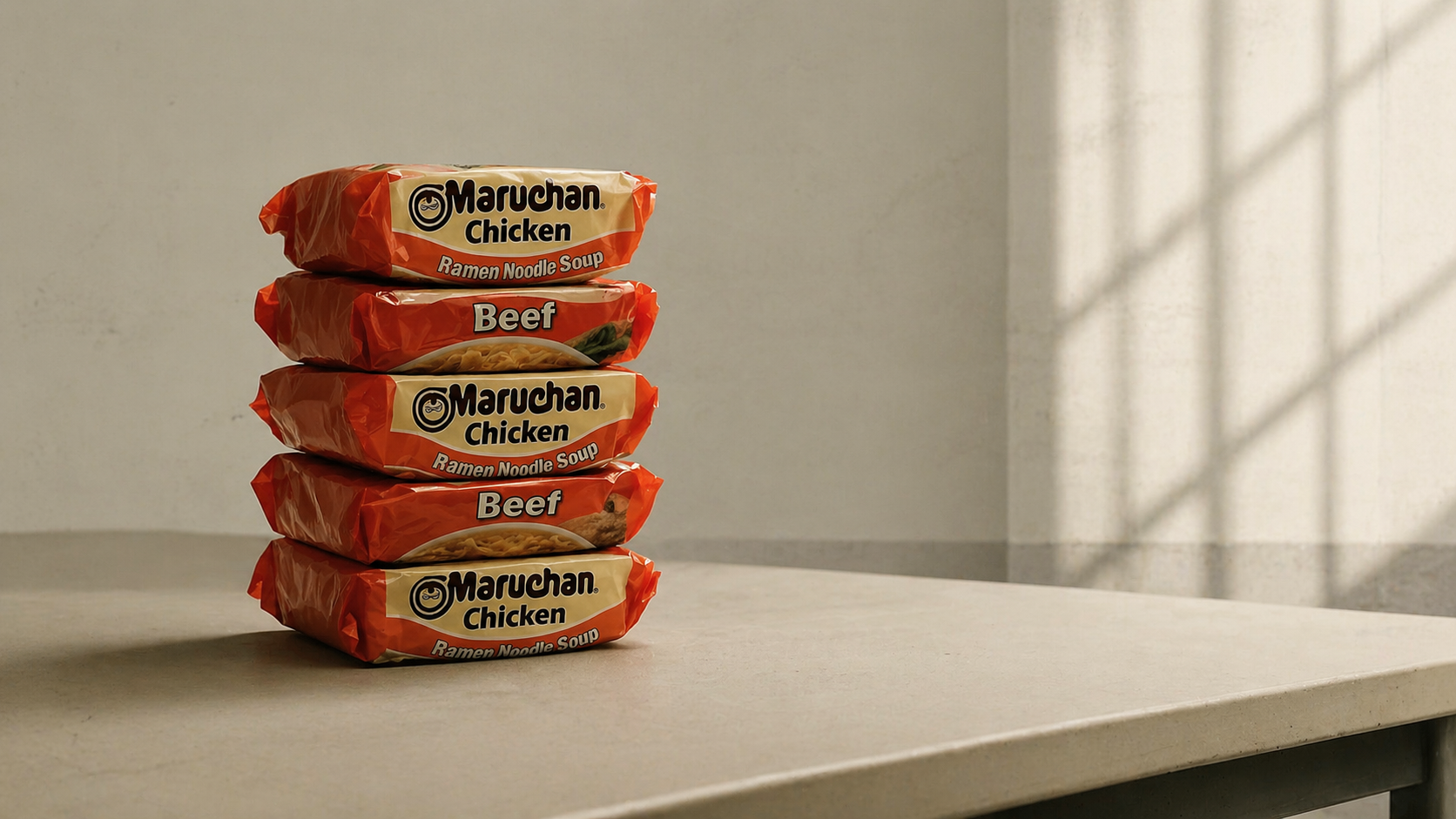 Five packs of ramen noodles stacked on a table in a softly lit institutional setting, symbolizing informal currency and survival within constrained systems