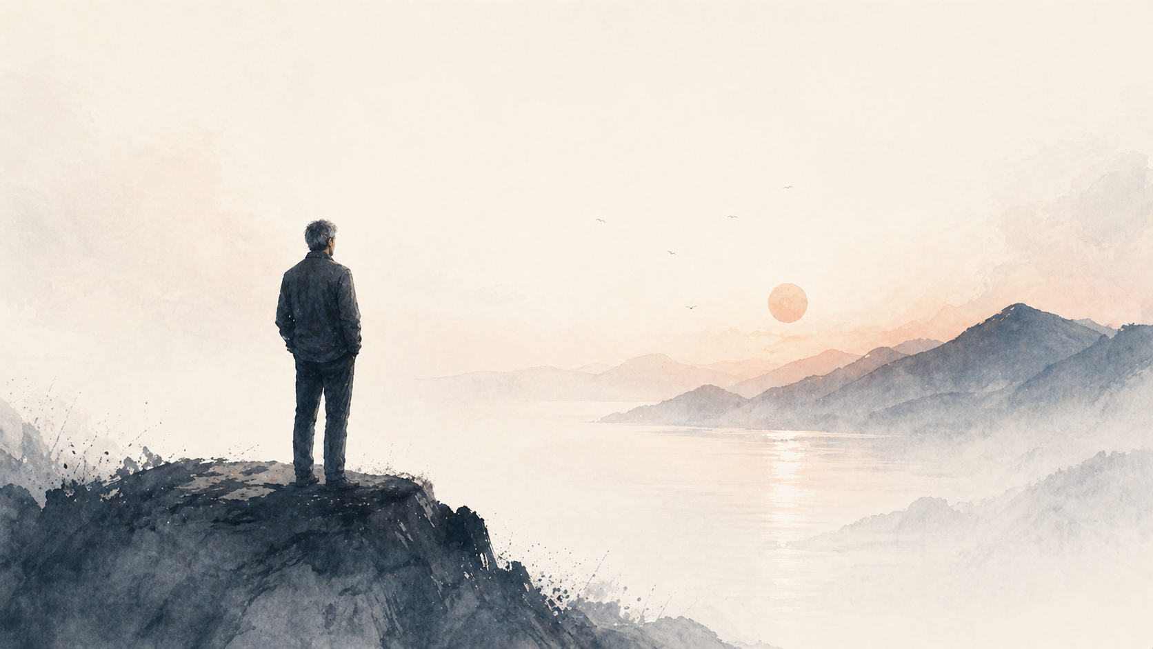 A solitary figure standing on a cliff overlooking a calm, hazy landscape at sunrise