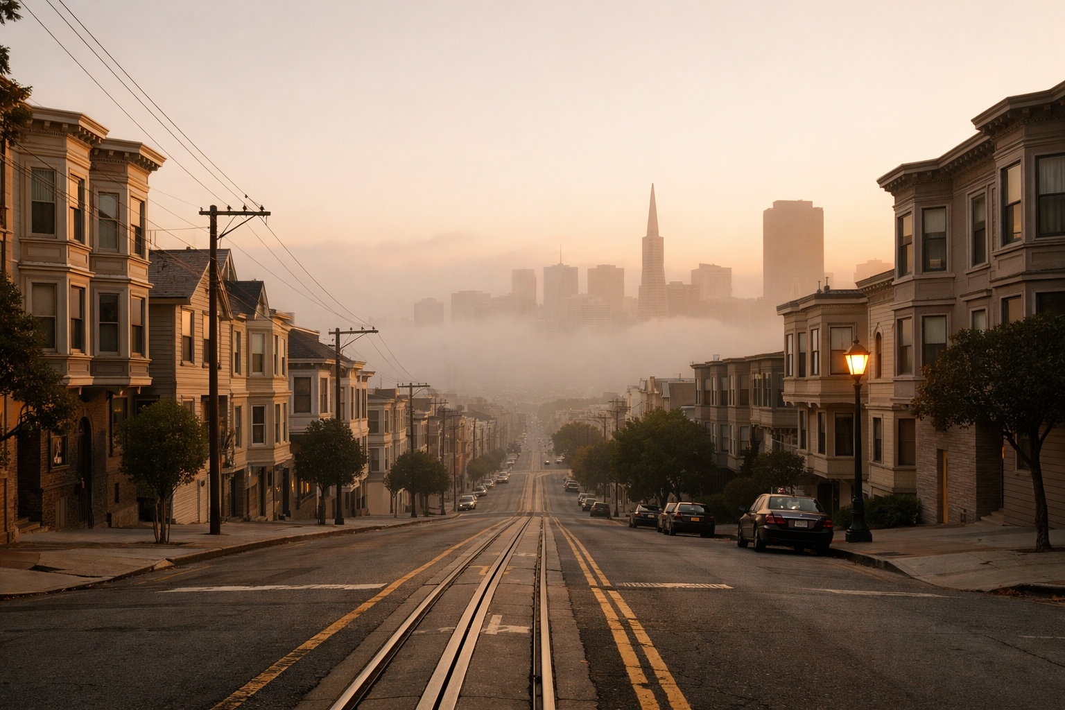 Early morning San Francisco street in soft fog, empty and still, with cable car tracks leading toward a quiet skyline