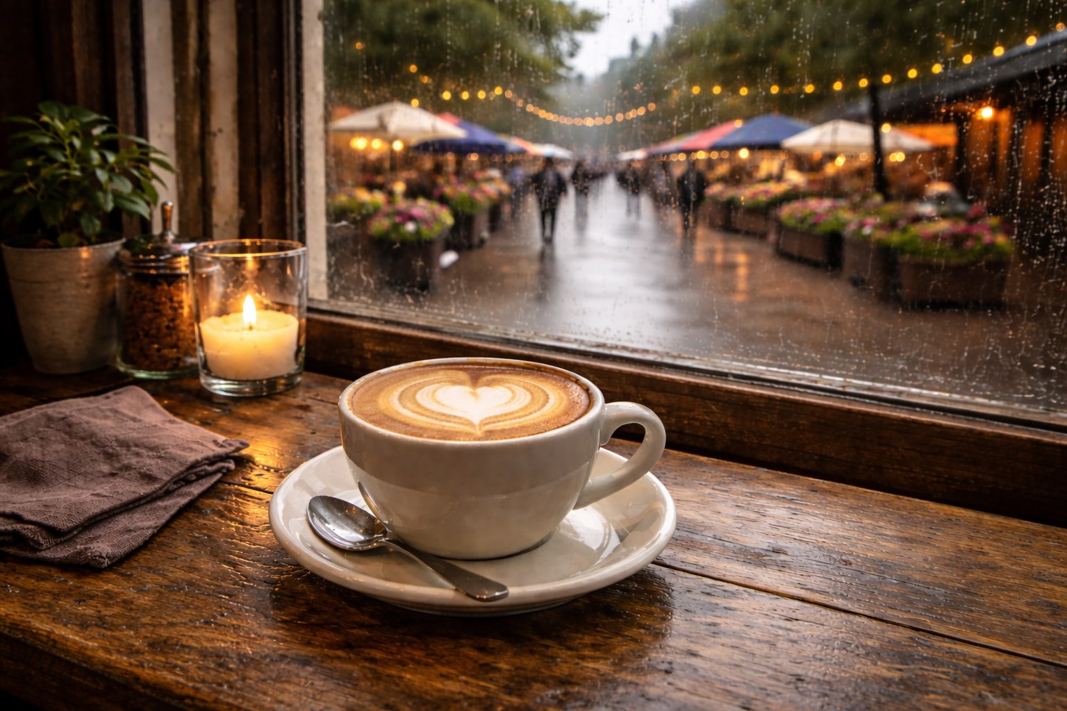 A warm cup of coffee by a rain-streaked window overlooking a softly lit outdoor market, evoking calm within a passing storm.