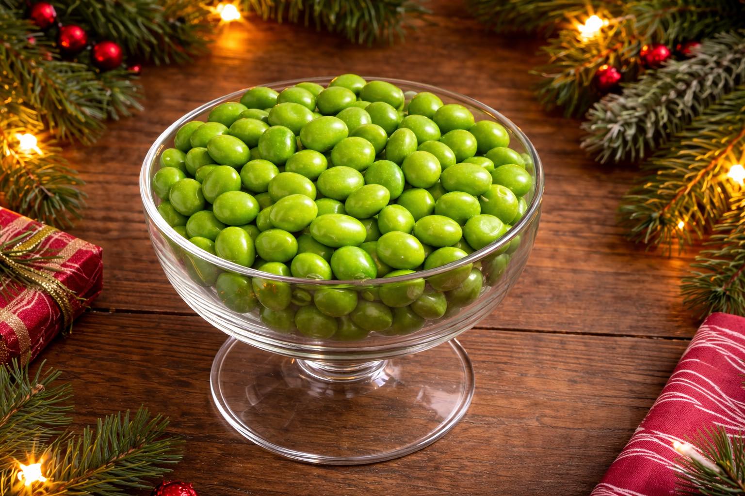 A glass bowl filled with bright green candy on a holiday table surrounded by pine branches and wrapped gifts.