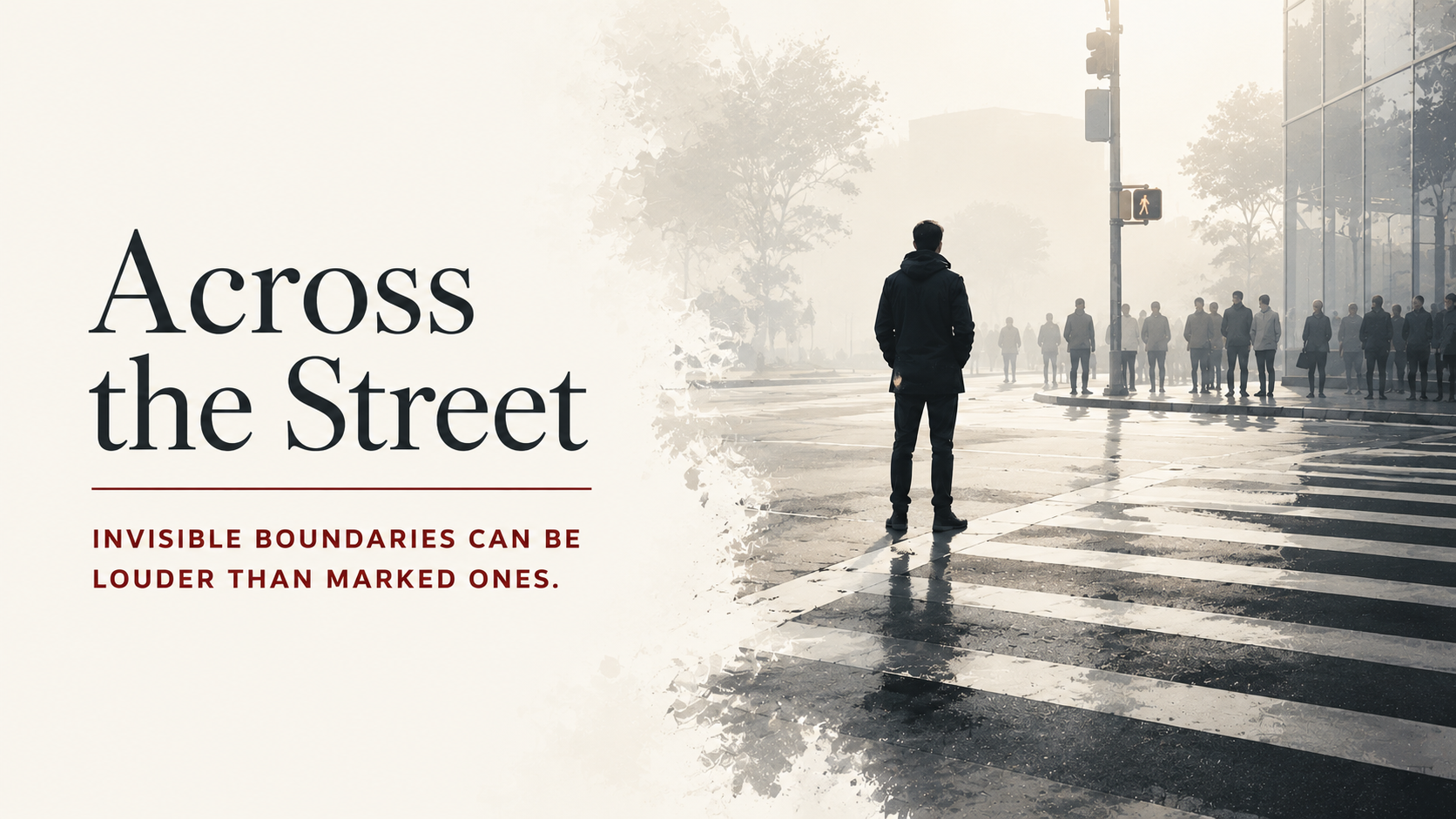 A city street separating two communities that can see each other but no longer fully recognize one another.