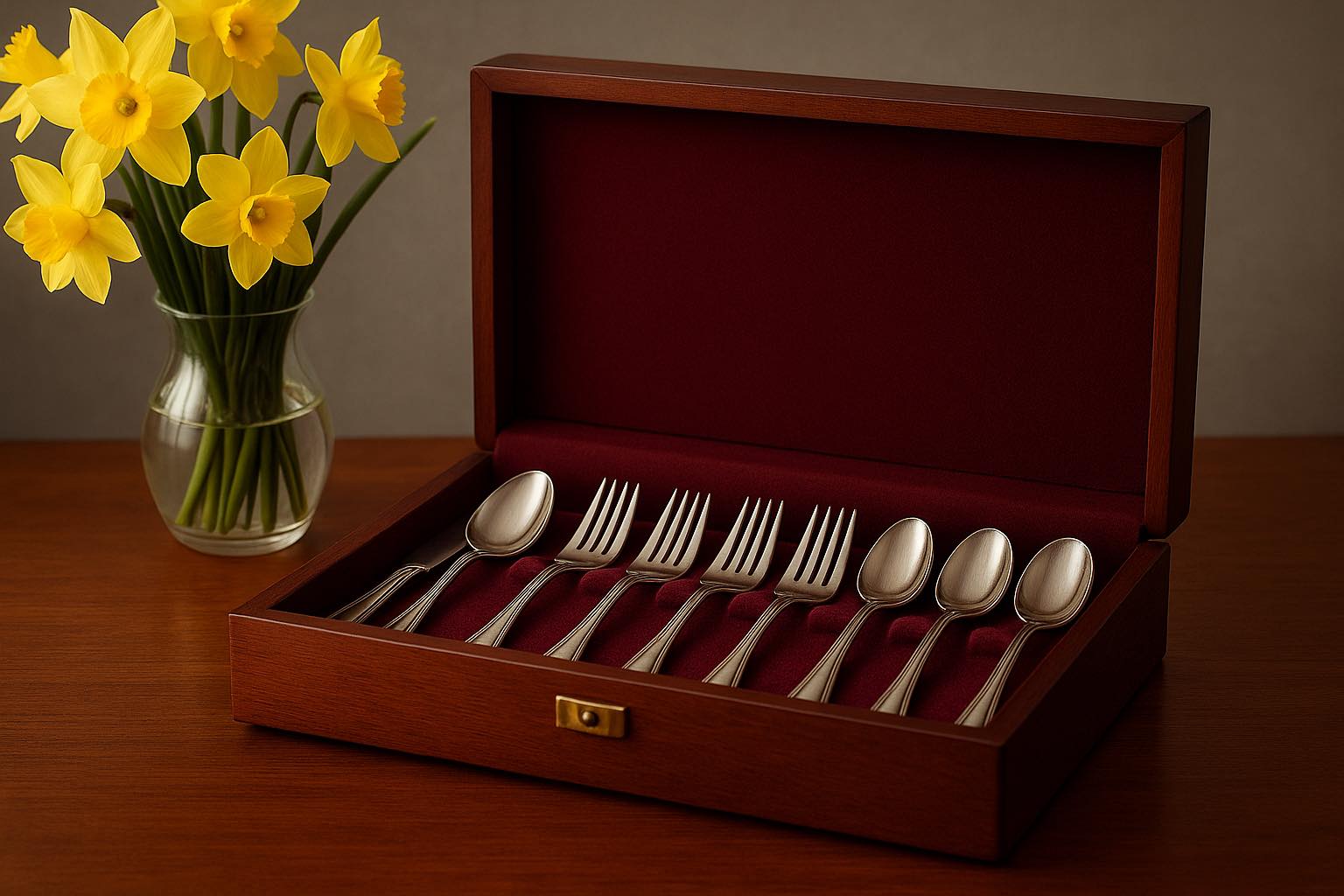A neatly arranged set of silverware in a velvet-lined box, suggesting order, restraint, and quiet refinement