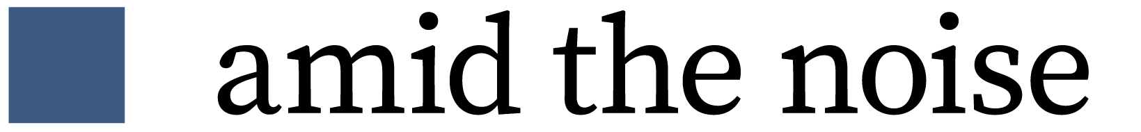 A minimalist identity mark featuring a grounded blue square paired with a classical serif wordmark reading 'amid the noise'
