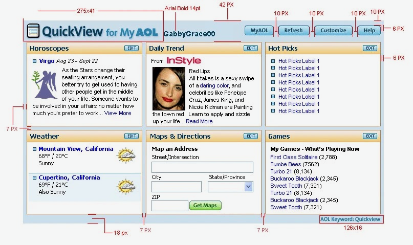 Early AOL QuickView dashboard showing modular widgets for weather, trends, maps, and personalized information surfaces.