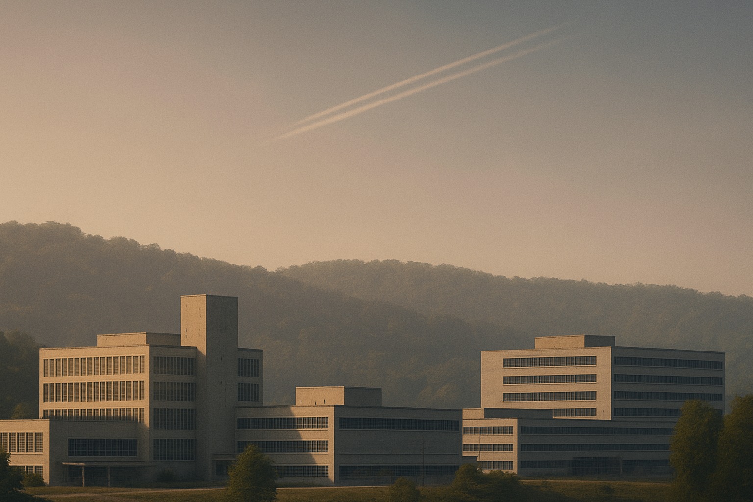 Modernist research facility set against wooded hills at dusk, with contrails overhead suggesting paths once imagined