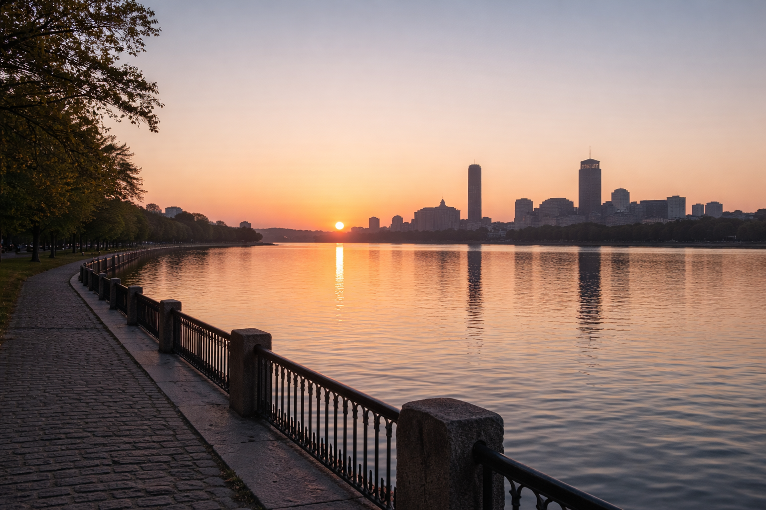 Sunrise over the Charles River with Boston skyline, warm light reflecting on water and a quiet riverside path