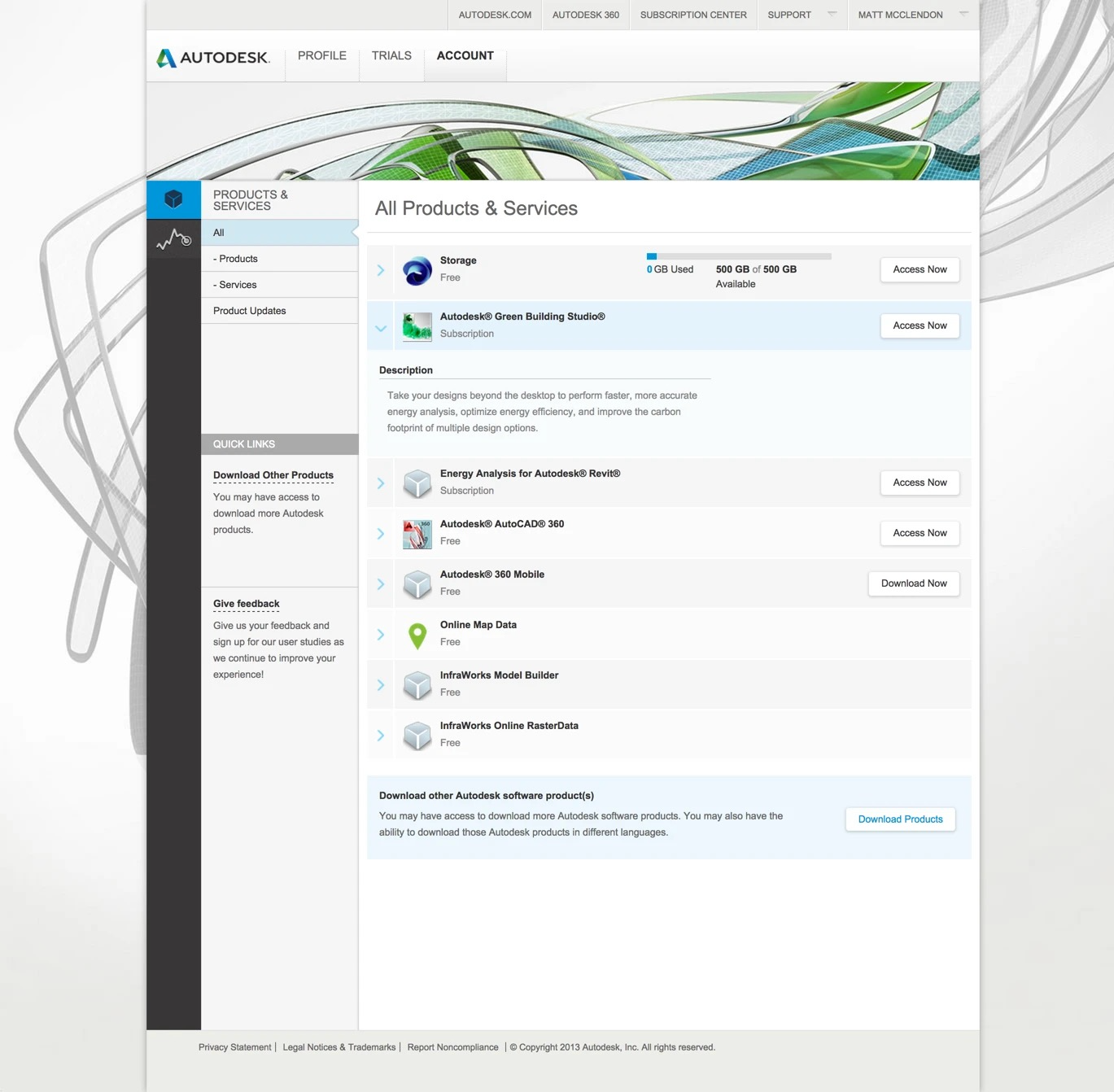 Autodesk cloud services dashboard showing products, services, storage, subscriptions, and access controls.