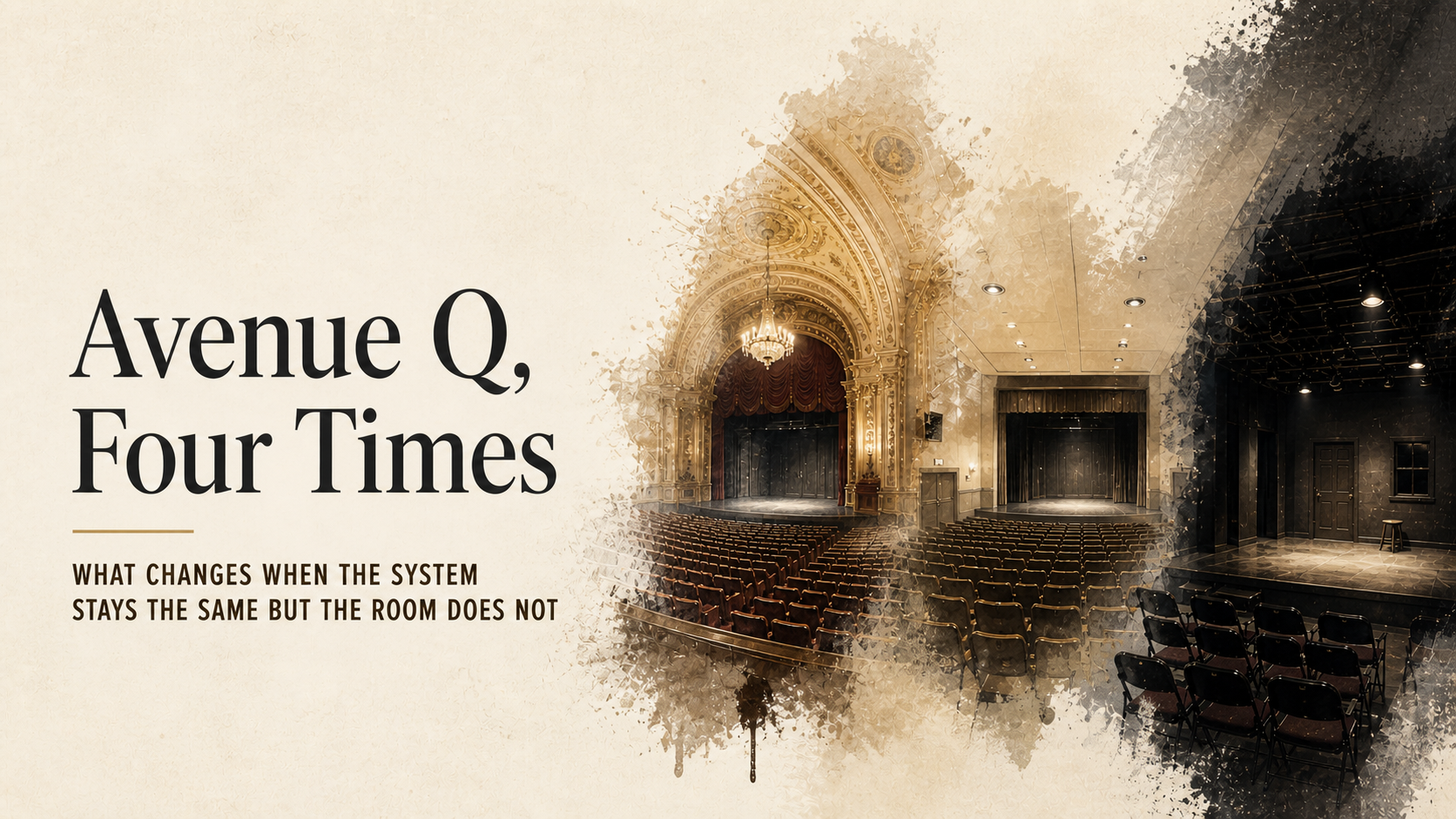 A minimalist sequence of theater interiors shifting from large and ornate to small and intimate, rendered in a soft neutral palette