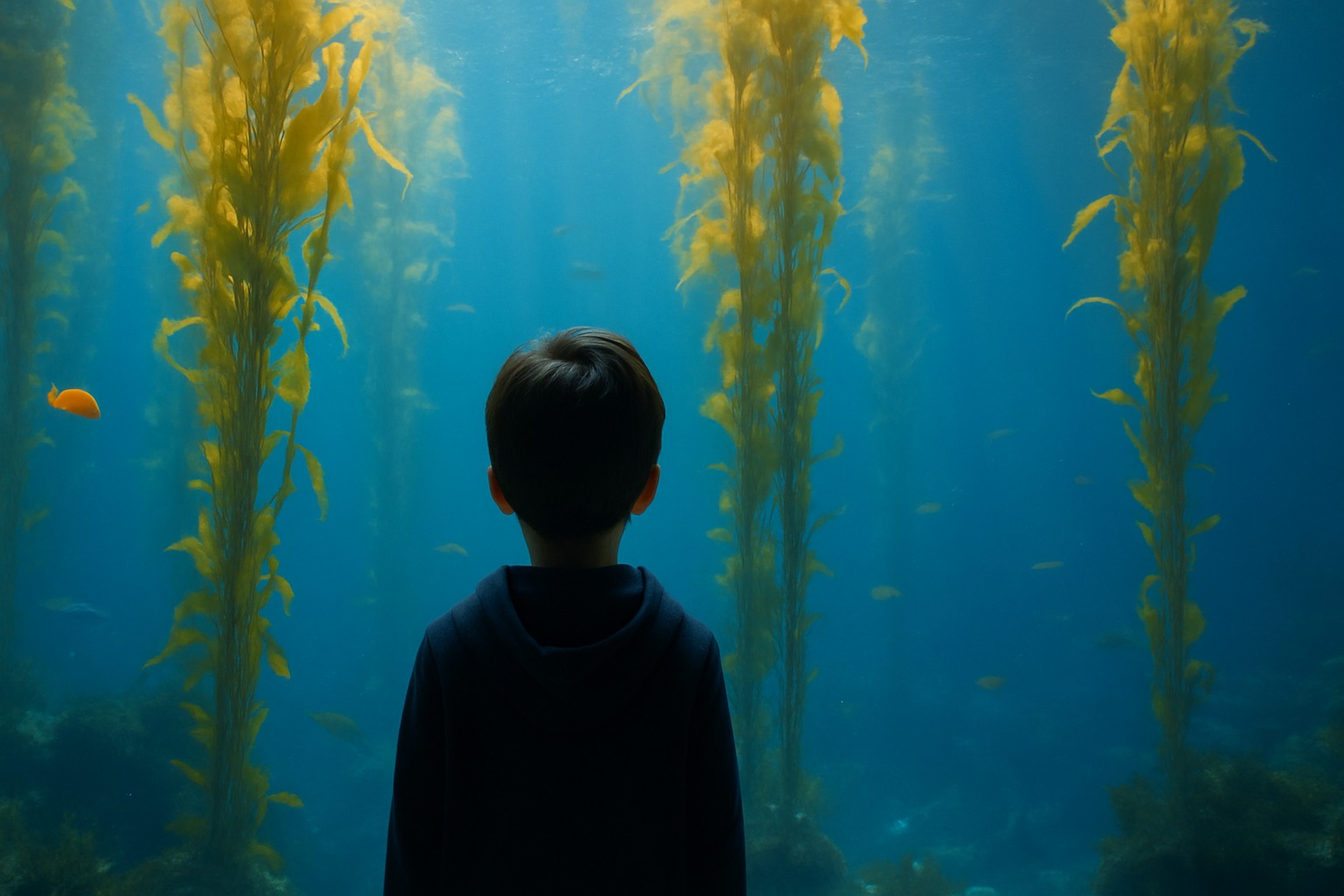 Child standing before a large aquarium window looking into deep blue water with kelp rising upward