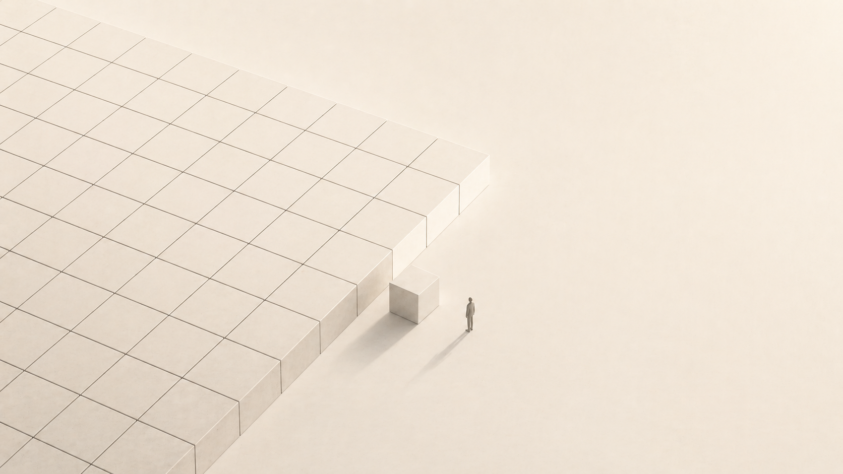A minimalist grid of blocks with one element misaligned near the edge and a solitary figure nearby