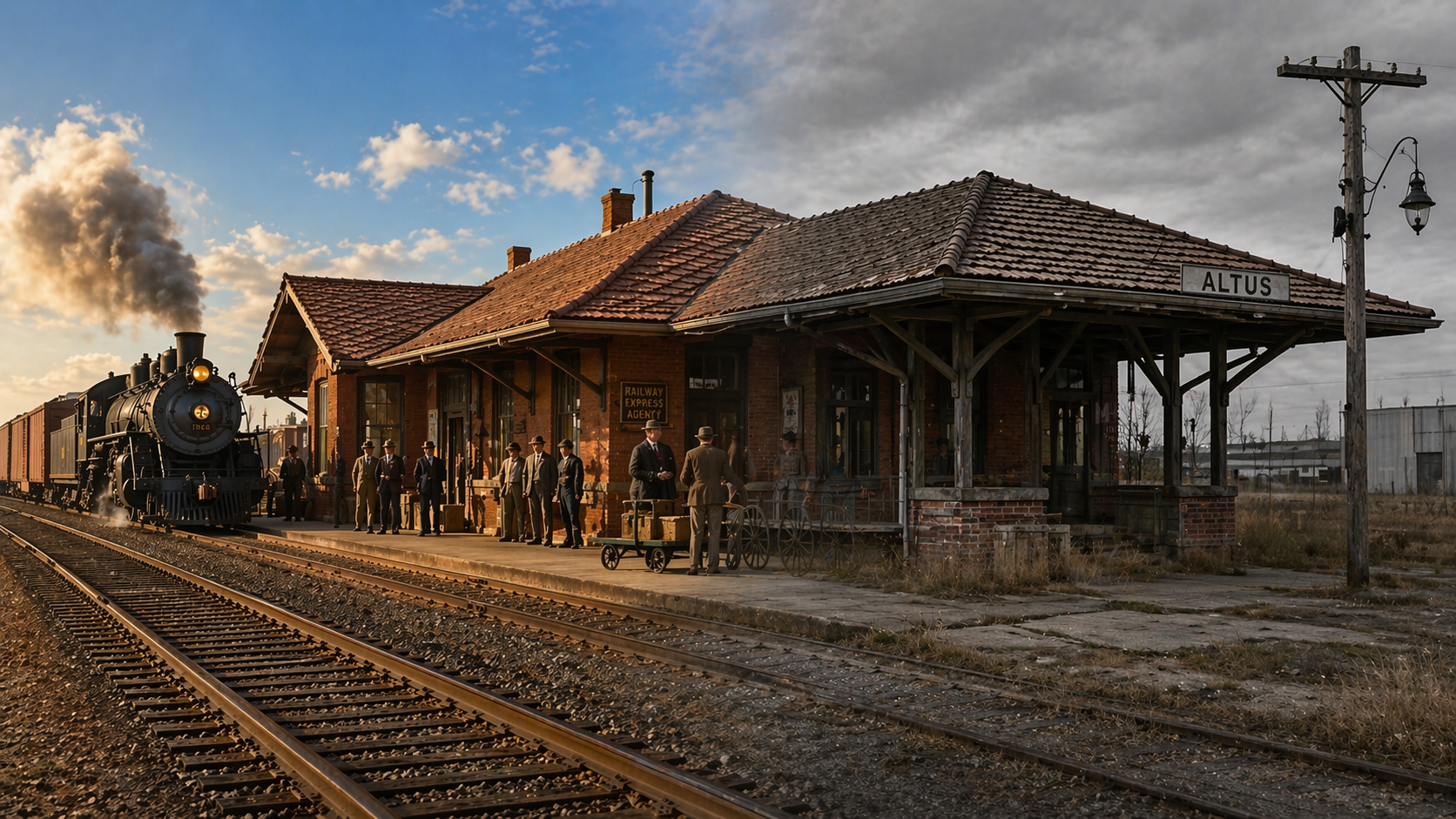 Katy Depot in Altus, Oklahoma shown in a blended past-to-present scene with a working steam-era platform transitioning into its current abandoned state.