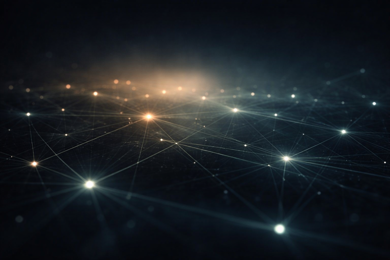 An abstract, early-internet-style network with sparse nodes and faint connections emerging in low light