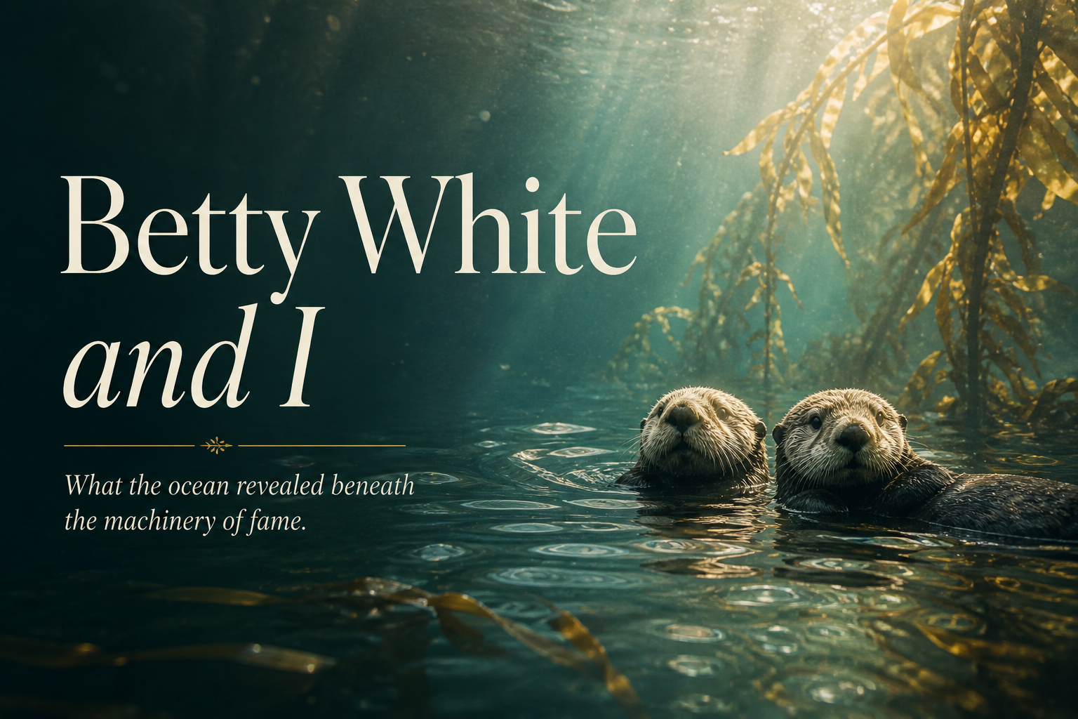 Sea otters floating in calm kelp forest water beneath shafts of Pacific light