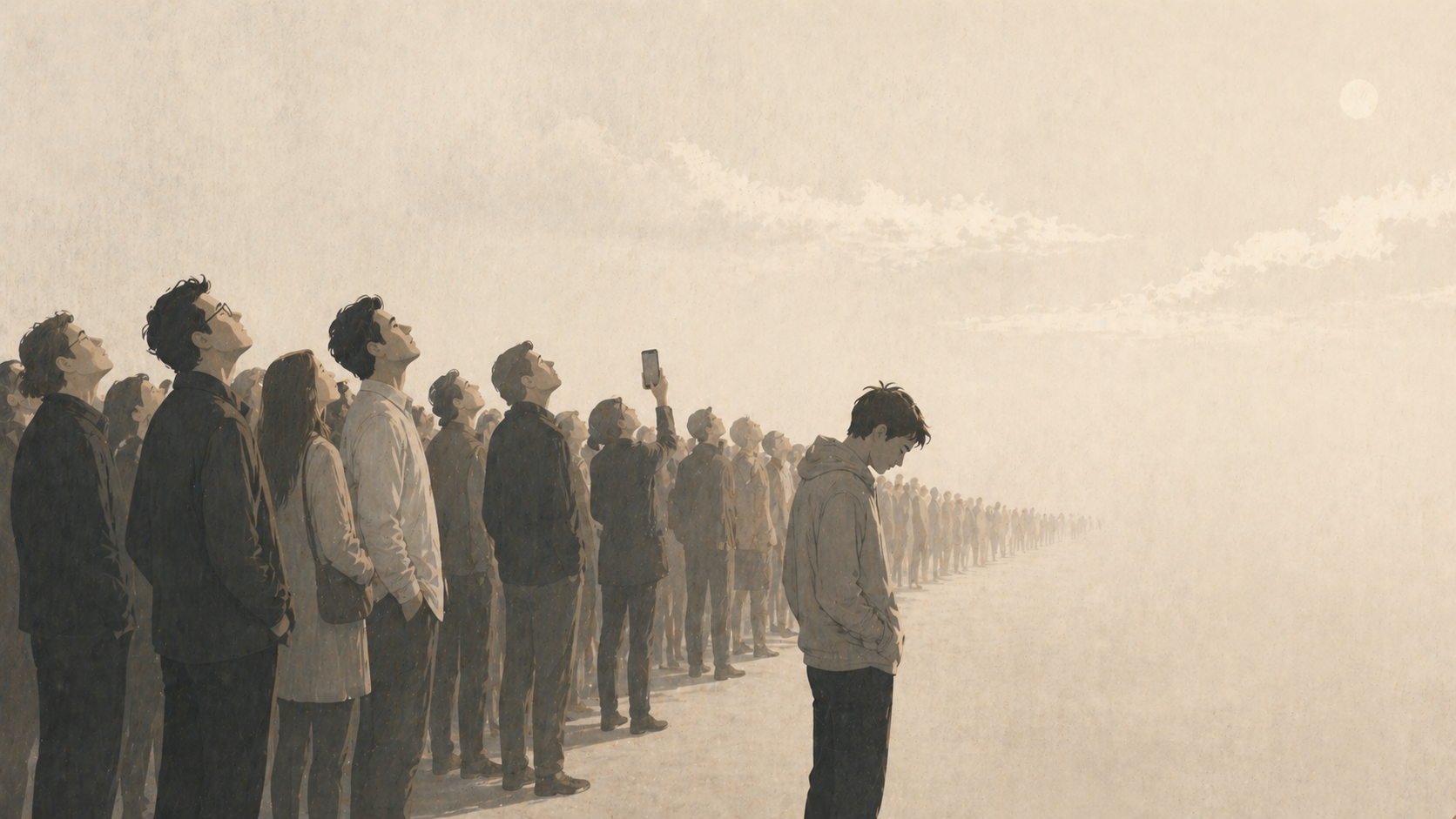 A group of people looking upward in the same direction while one person looks away