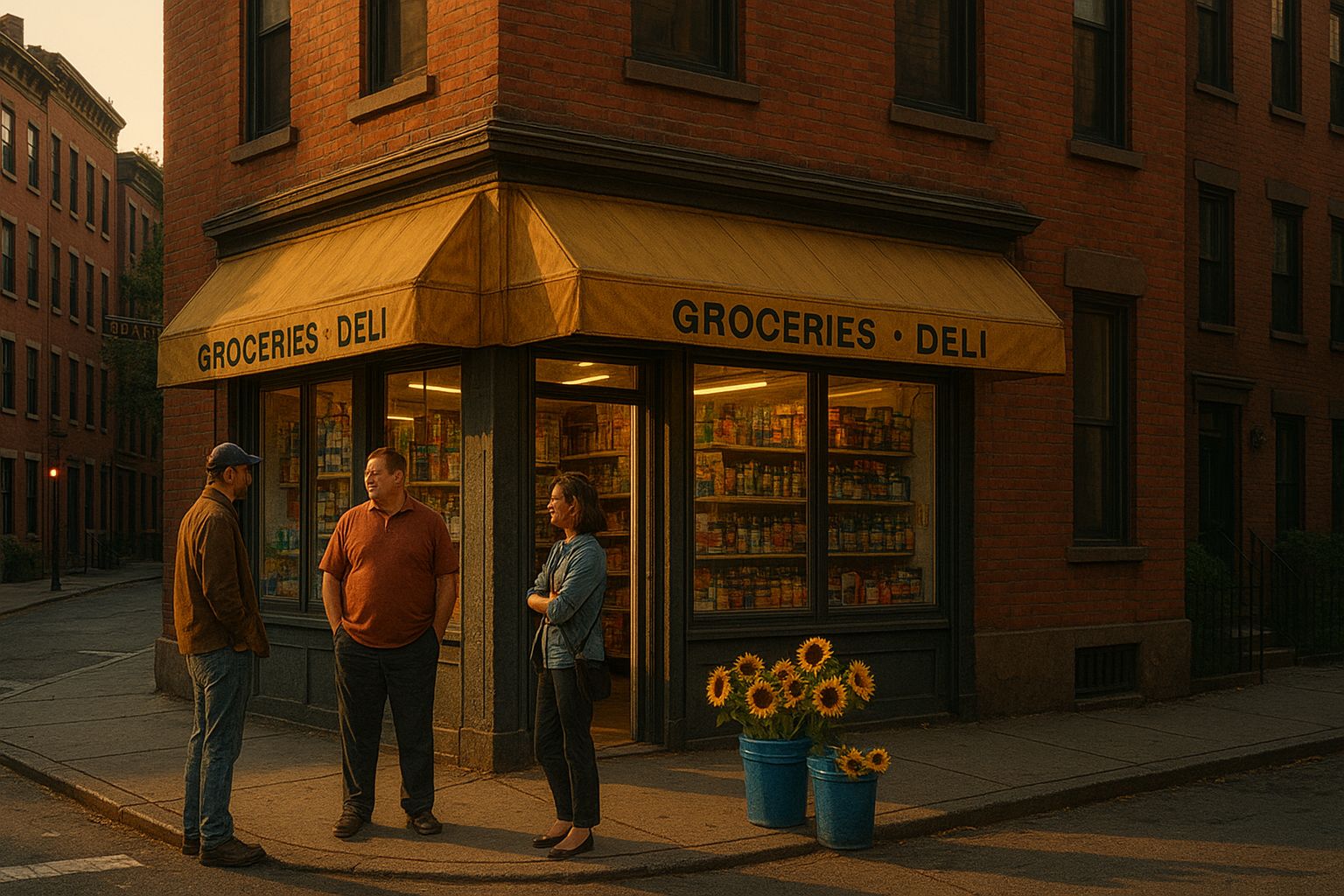 A corner bodega at dusk with people gathered outside, warm light spilling onto the street and sunflowers by the entrance