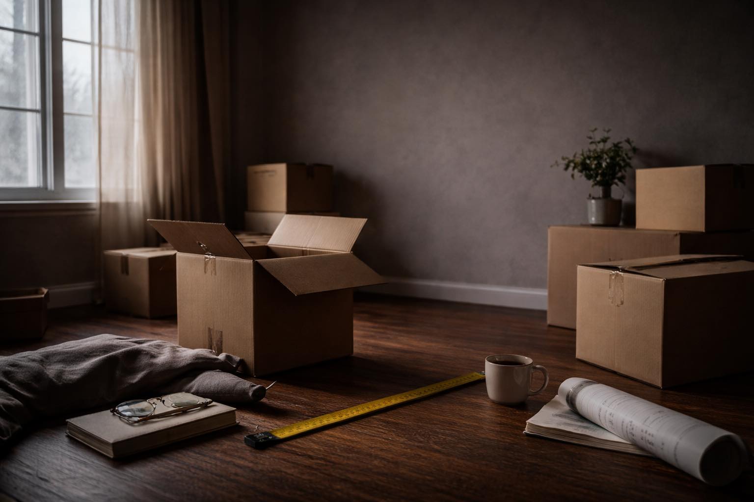A quiet room filled with neatly stacked moving boxes, suggesting transition, anticipation, and an unsettled future.