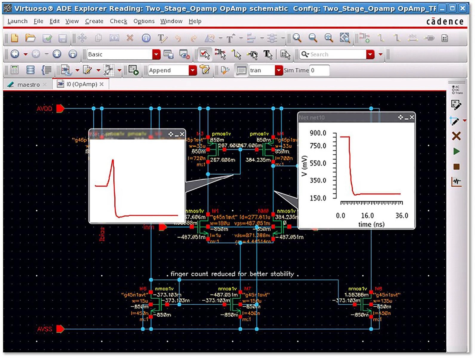 Cadence Virtuoso schematic editor showing a dense semiconductor schematic and simulation plots.