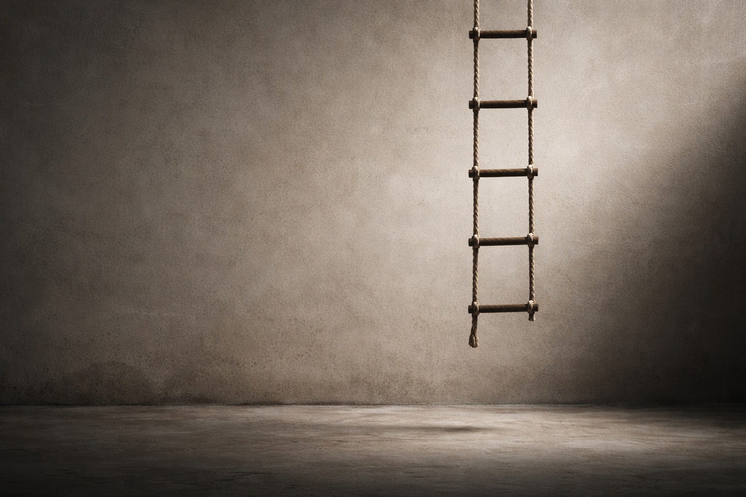 A rope ladder hanging in an empty space against a bare wall, suggesting support that must still be climbed.