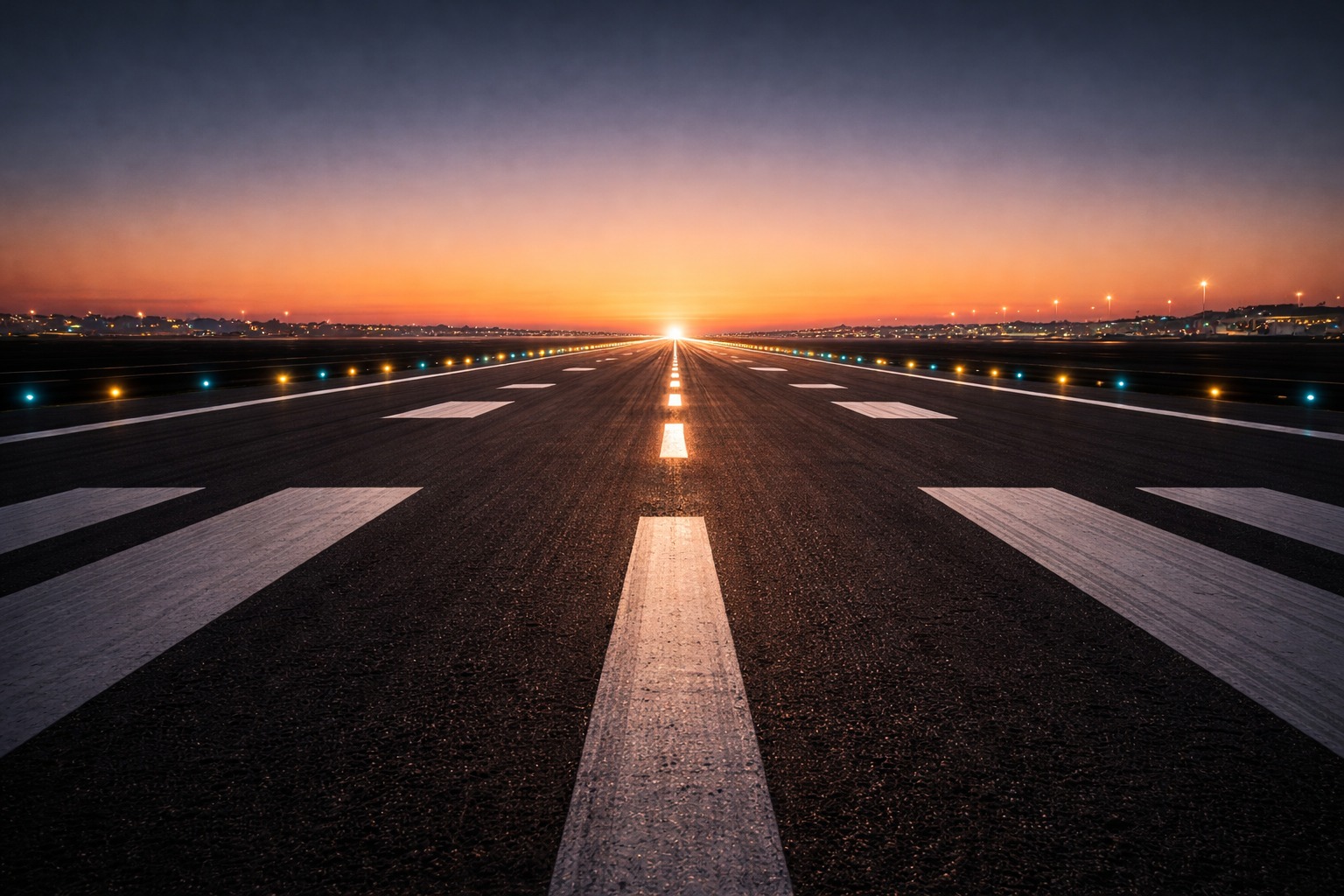 A runway stretching toward the horizon at sunrise, lights guiding a clear point of departure.