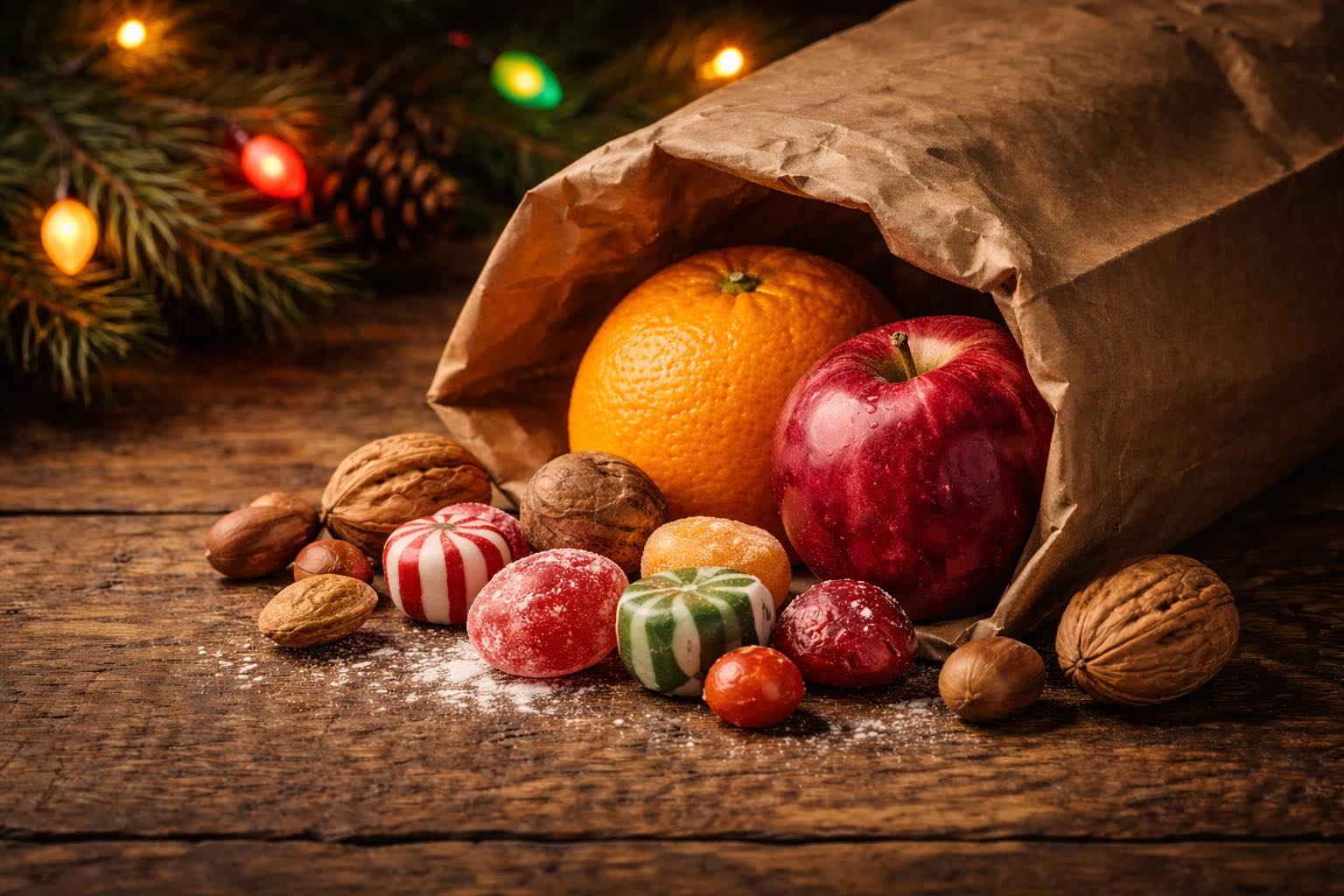 A simple holiday arrangement of fruit, nuts, and wrapped candy spilling from a brown paper bag on a wooden table, lit by warm Christmas lights.