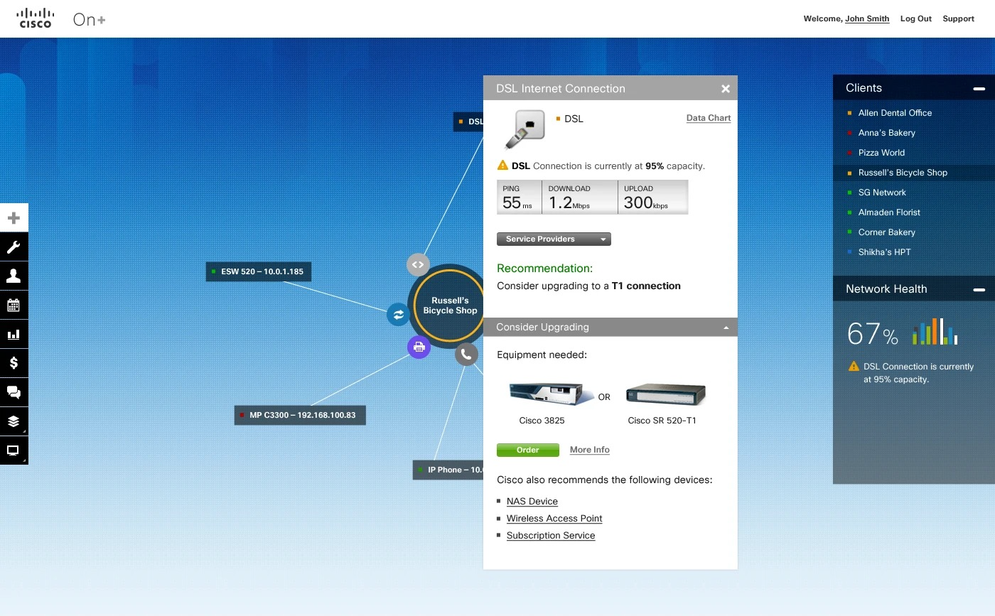 Cisco OnPlus DSL recommendation modal showing connection capacity, performance metrics, and upgrade guidance.