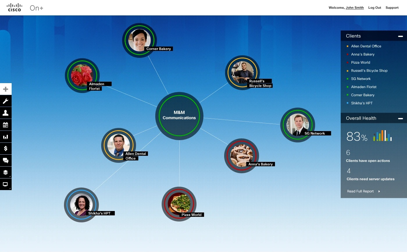 Cisco OnPlus network topology visualization showing clients, health status, and connected systems.