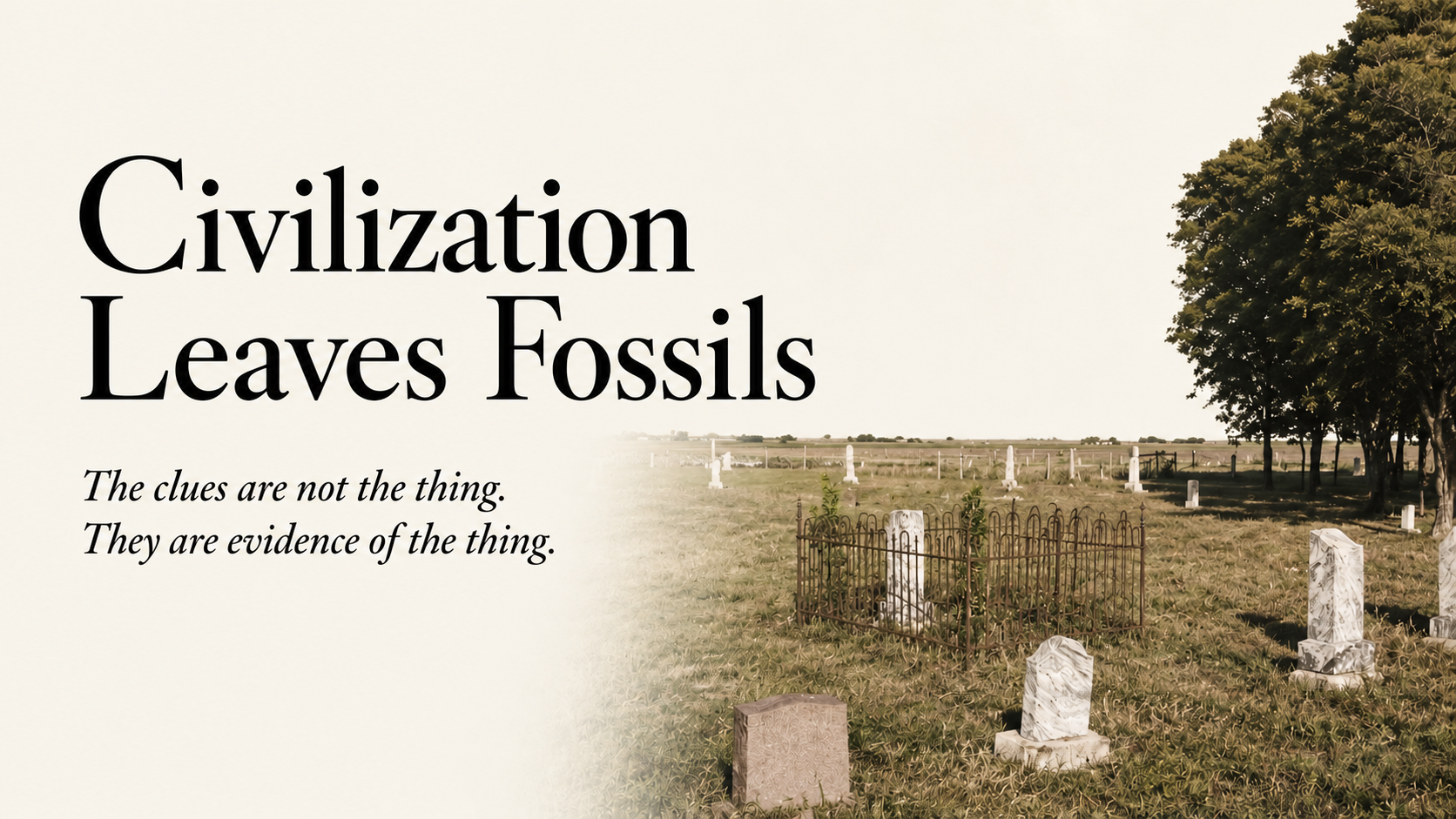 Fragments of civic history including cemetery markers, historic lettering, map boundaries, and symbolic artifacts arranged like fossils awaiting interpretation.