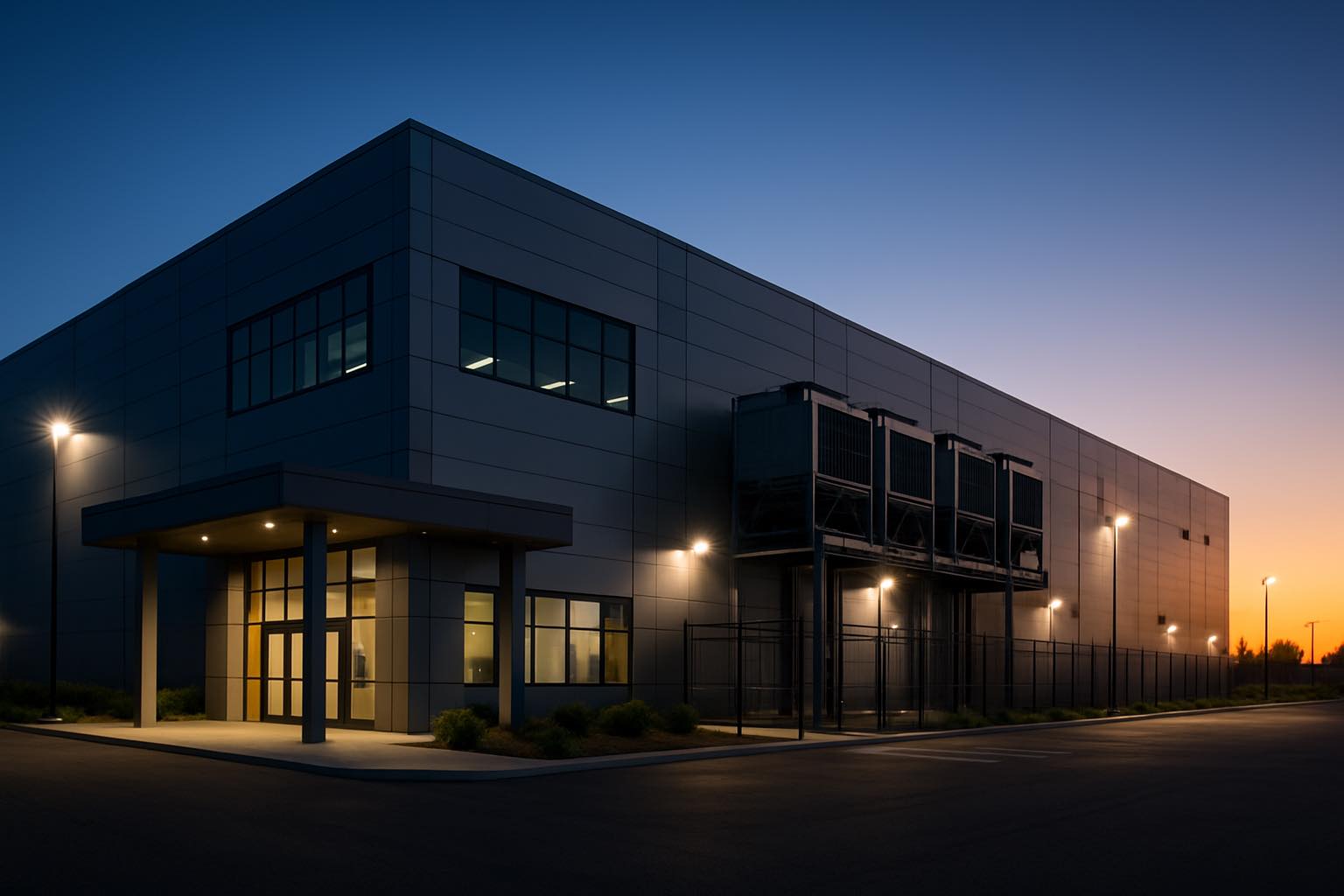 Modern data center building at dusk with cooling systems visible on the exterior