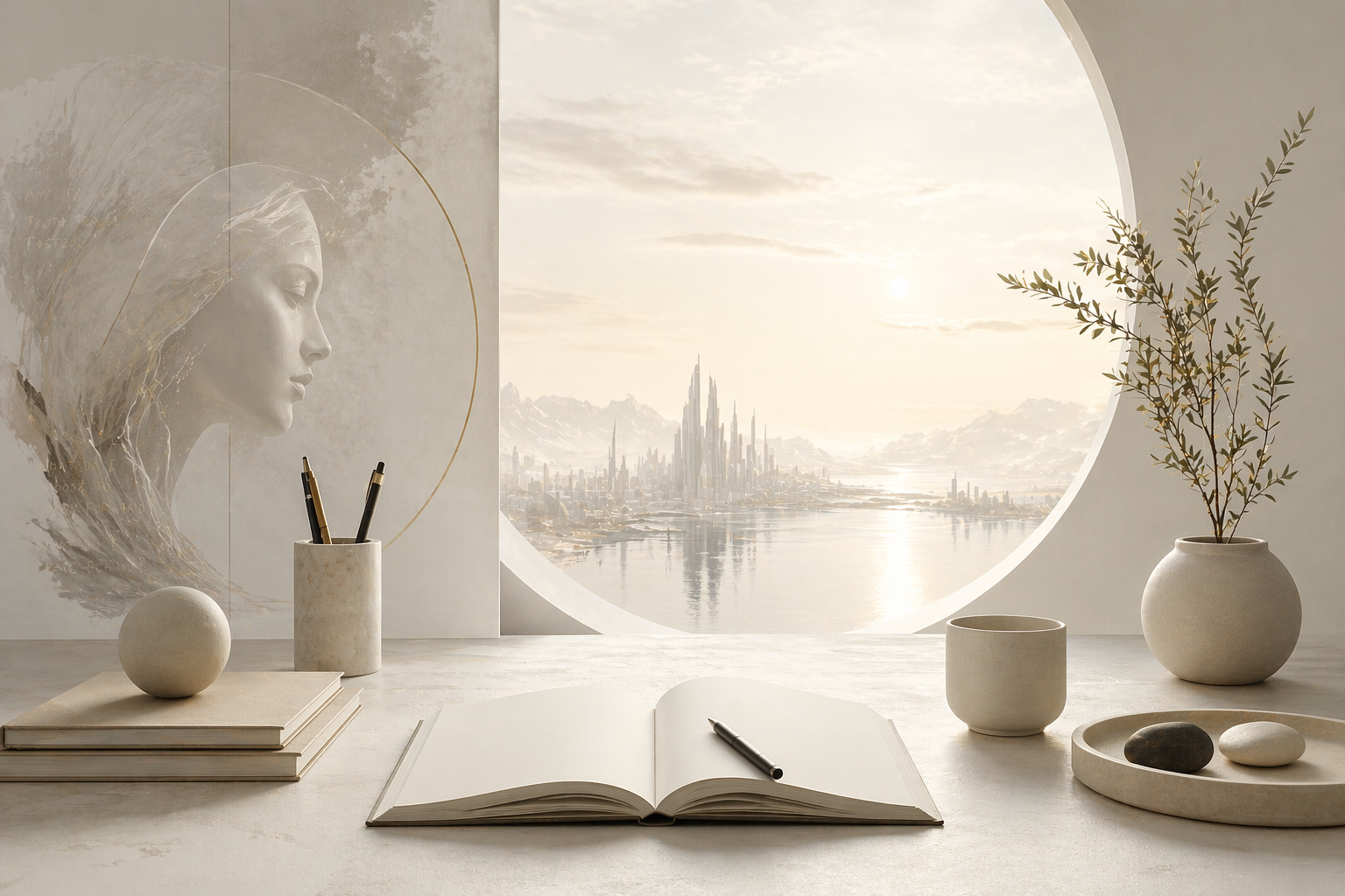 Minimalist writing desk in soft cream tones with an open journal facing a circular window that frames a distant, futuristic city, suggesting reflection, identity, and imagined worlds.