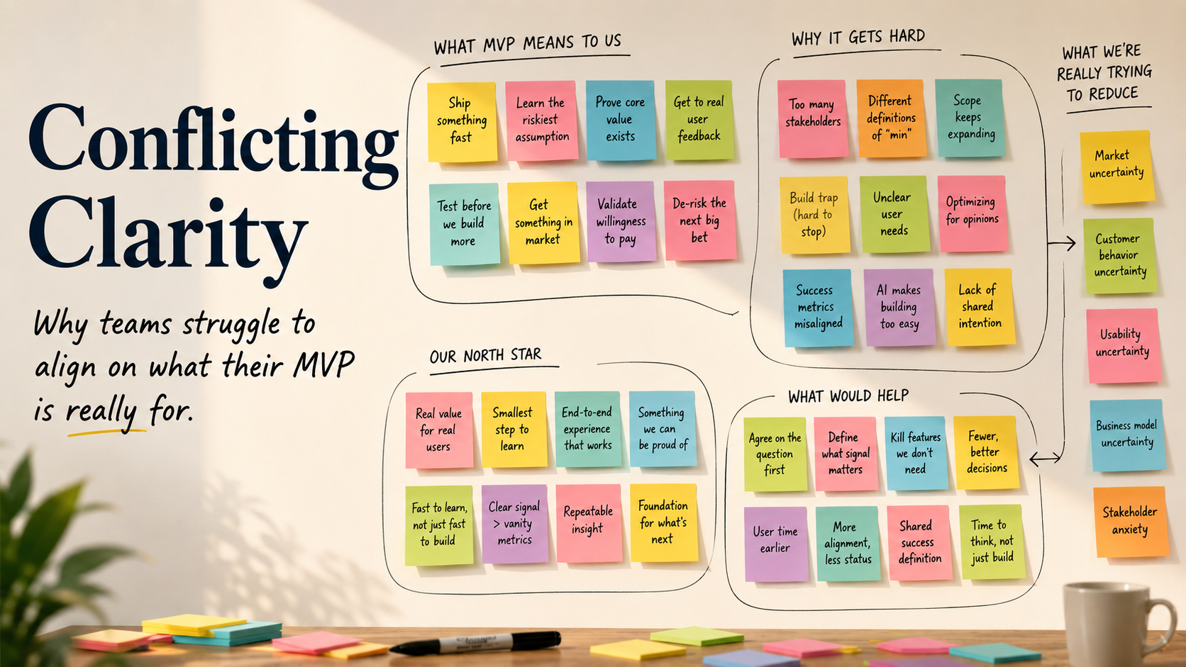 A wall covered in colorful sticky notes arranged into collaborative affinity diagrams