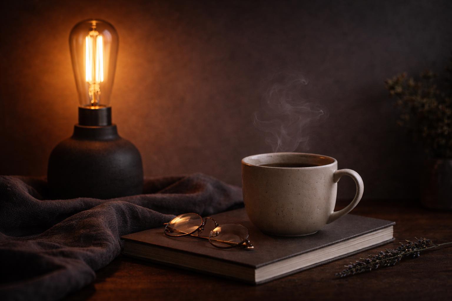 A softly lit table with a warm lamp, a steaming mug, a closed book, and glasses, evoking rest and low-energy presence.