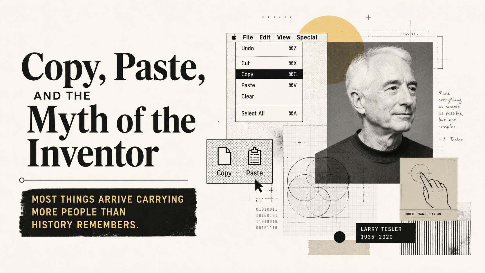 Fragmented monochrome interface elements layered over archival-style portraits and geometric forms