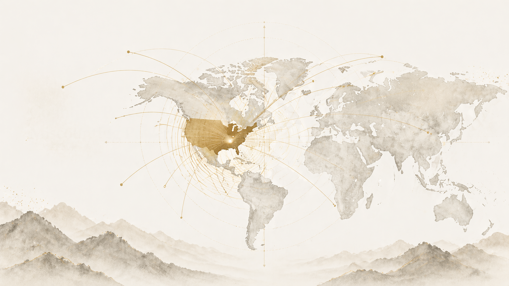A minimalist composition of a world map with faint concentric signal lines radiating from the United States, suggesting global entanglement and influence