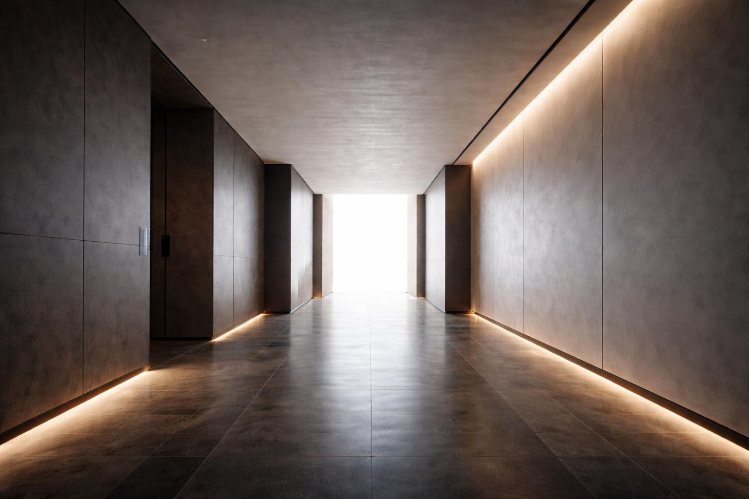 Minimalist architectural corridor with soft light leading toward a bright threshold, symbolizing transition, consequence, and system boundary