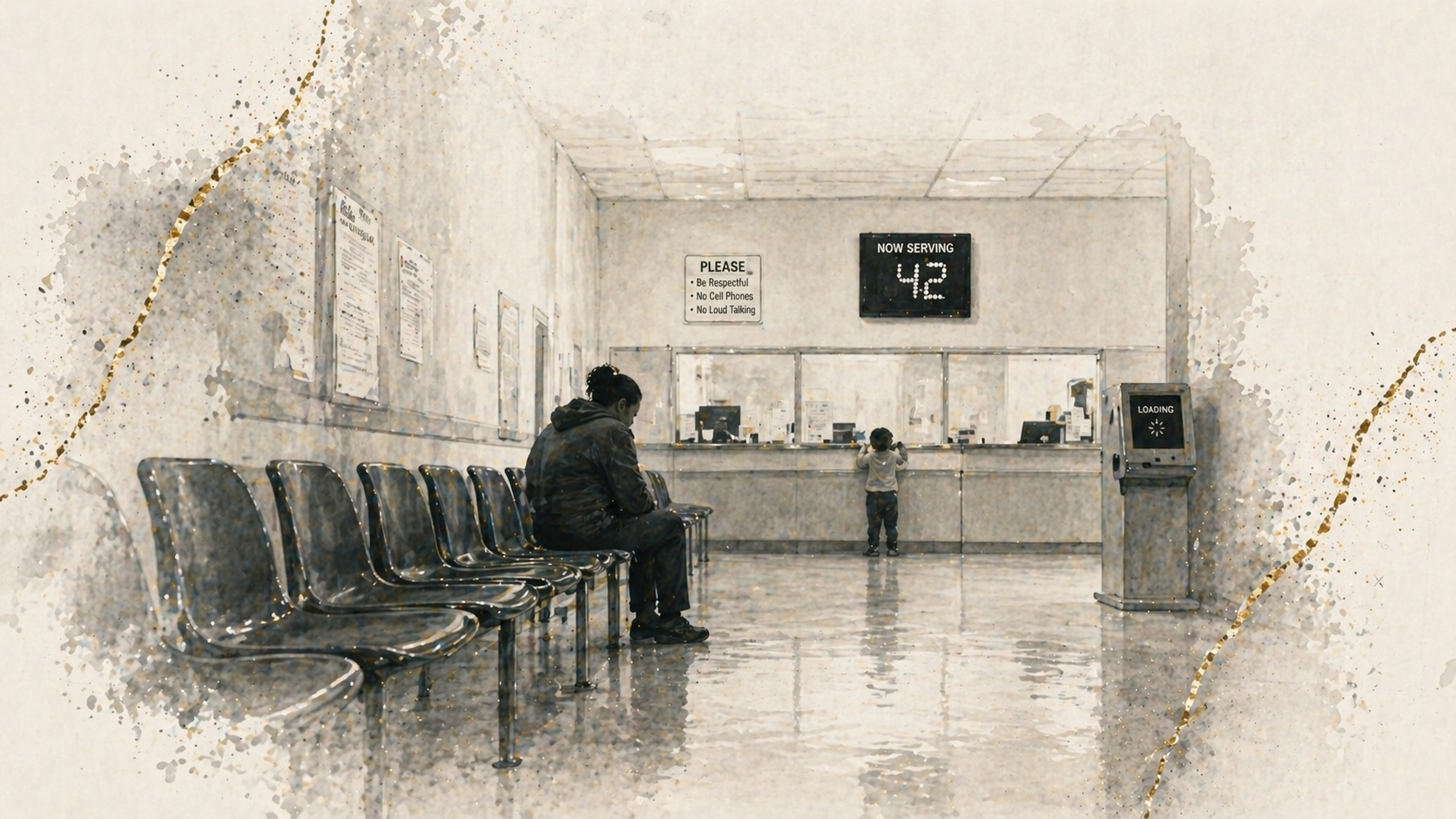 A sparse welfare office waiting area with rows of metal chairs and a lone figure seated in quiet stillness, conveying institutional distance and emotional isolation