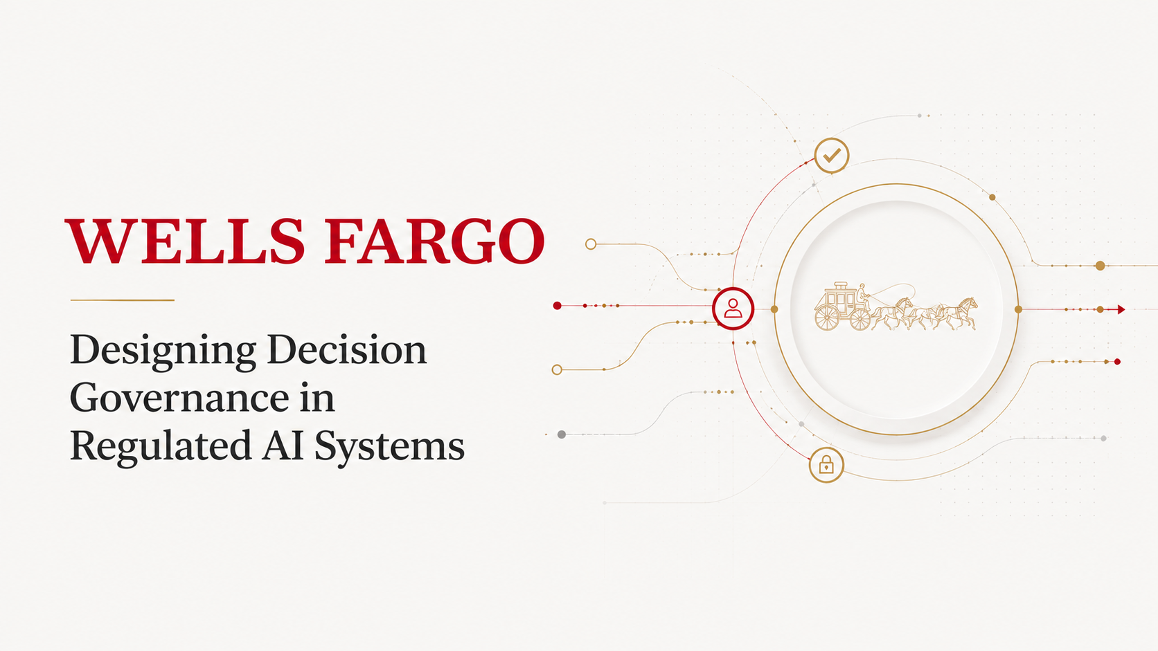 Hero image for Designing Decision Governance in Regulated AI Systems, showing Wells Fargo-inspired decision governance pathways, human oversight, policy controls, and audit traceability.
