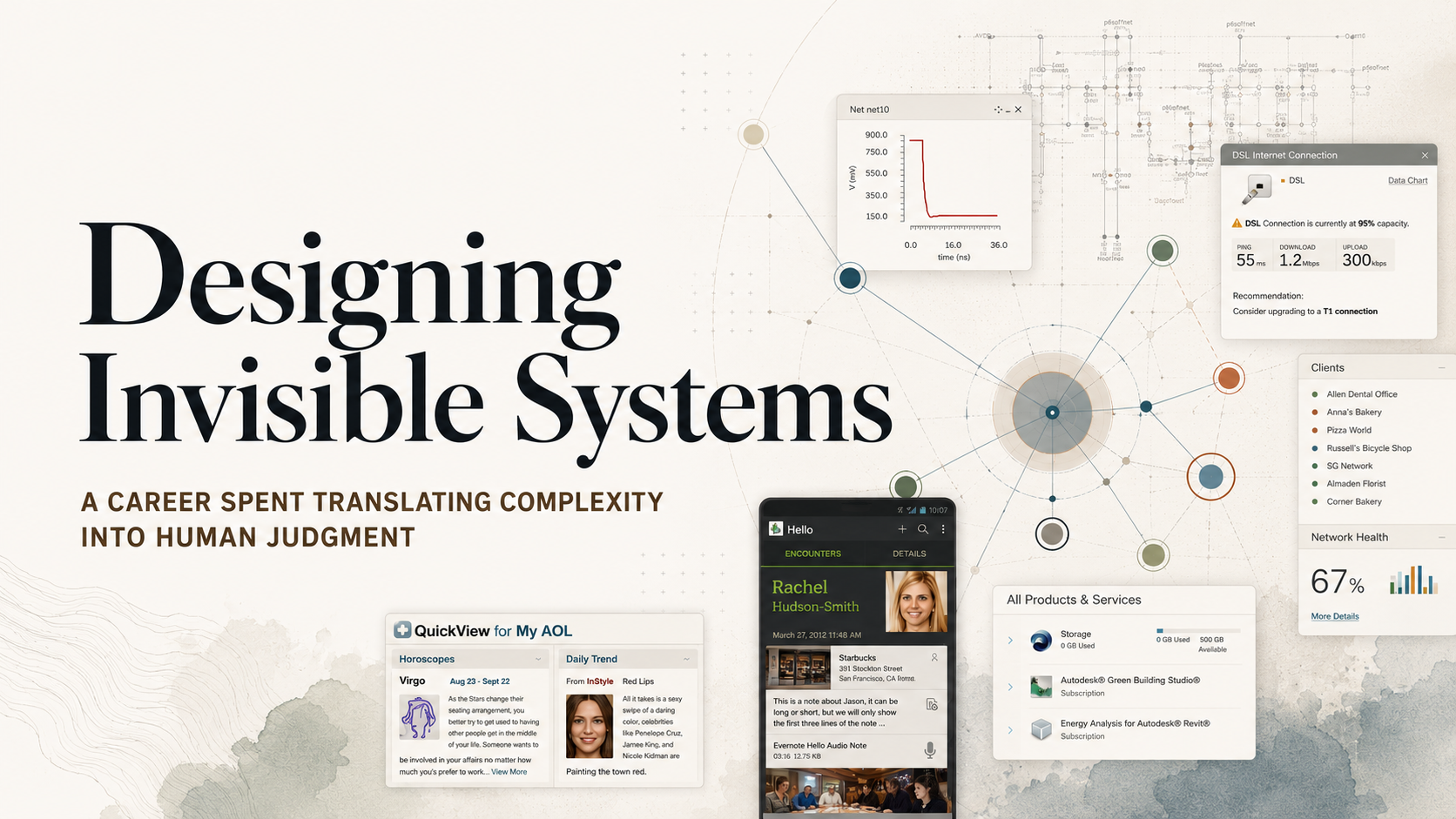 Abstract network structures and system diagrams fading into layered interface fragments against a soft neutral background.