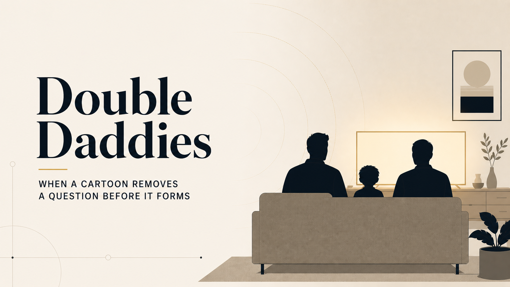 Abstract illustration of a simple living room scene with two adult silhouettes and a child, rendered in a soft, minimal palette with subtle television glow