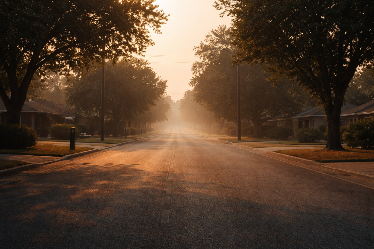Empty residential street at golden hour, quiet and still, suggesting pause, distance, and slow return
