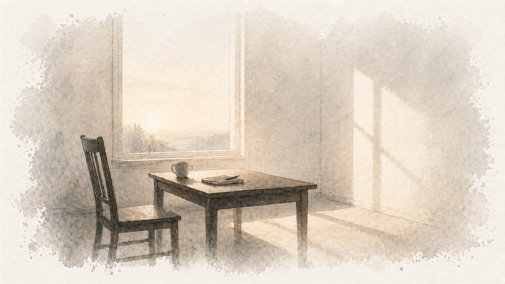 A quiet minimalist room with a chair and table in soft morning light