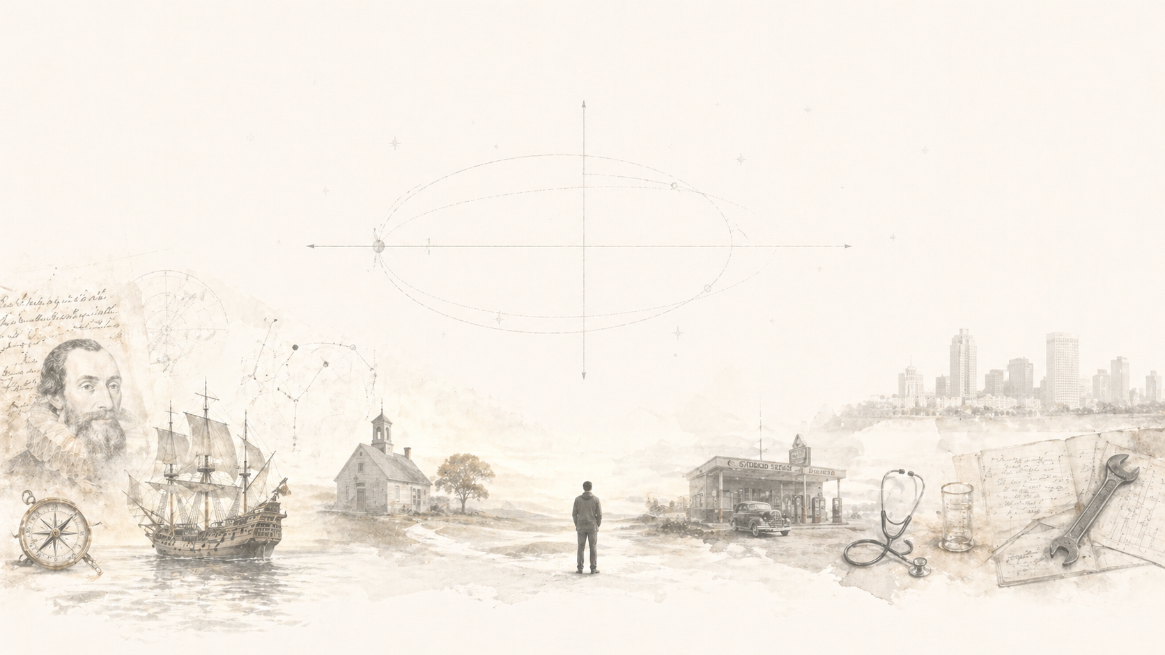 A lone figure standing between faint historical scenes with an abstract orbital diagram above