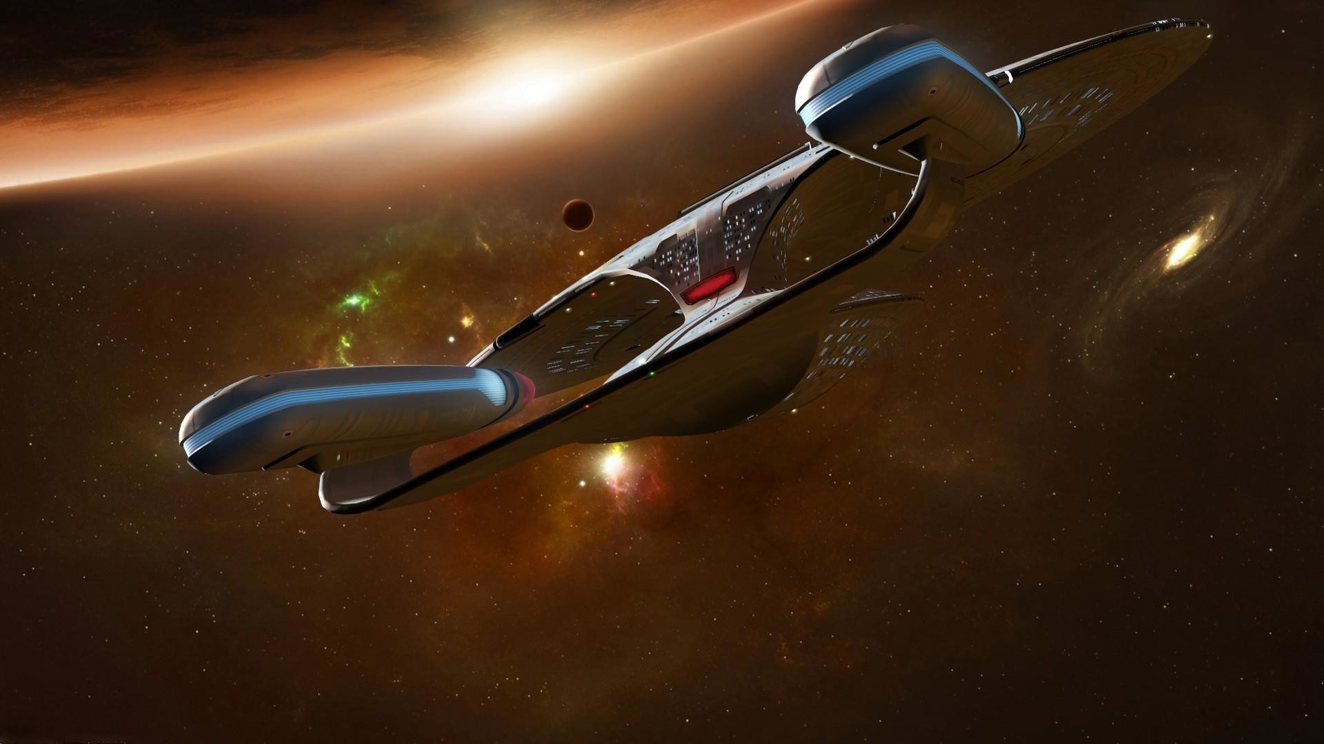 The NCC-1701-D gliding through deep space beneath a warm planetary glow, evoking continuity, vigilance, and quiet motion