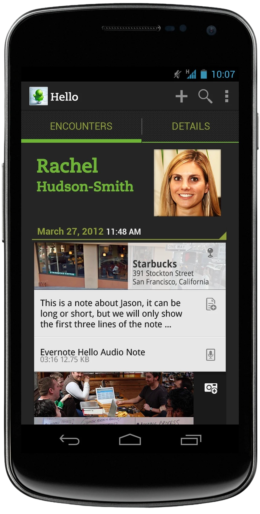 Evernote Hello mobile encounter screen showing a person, location, notes, audio, and photos.
