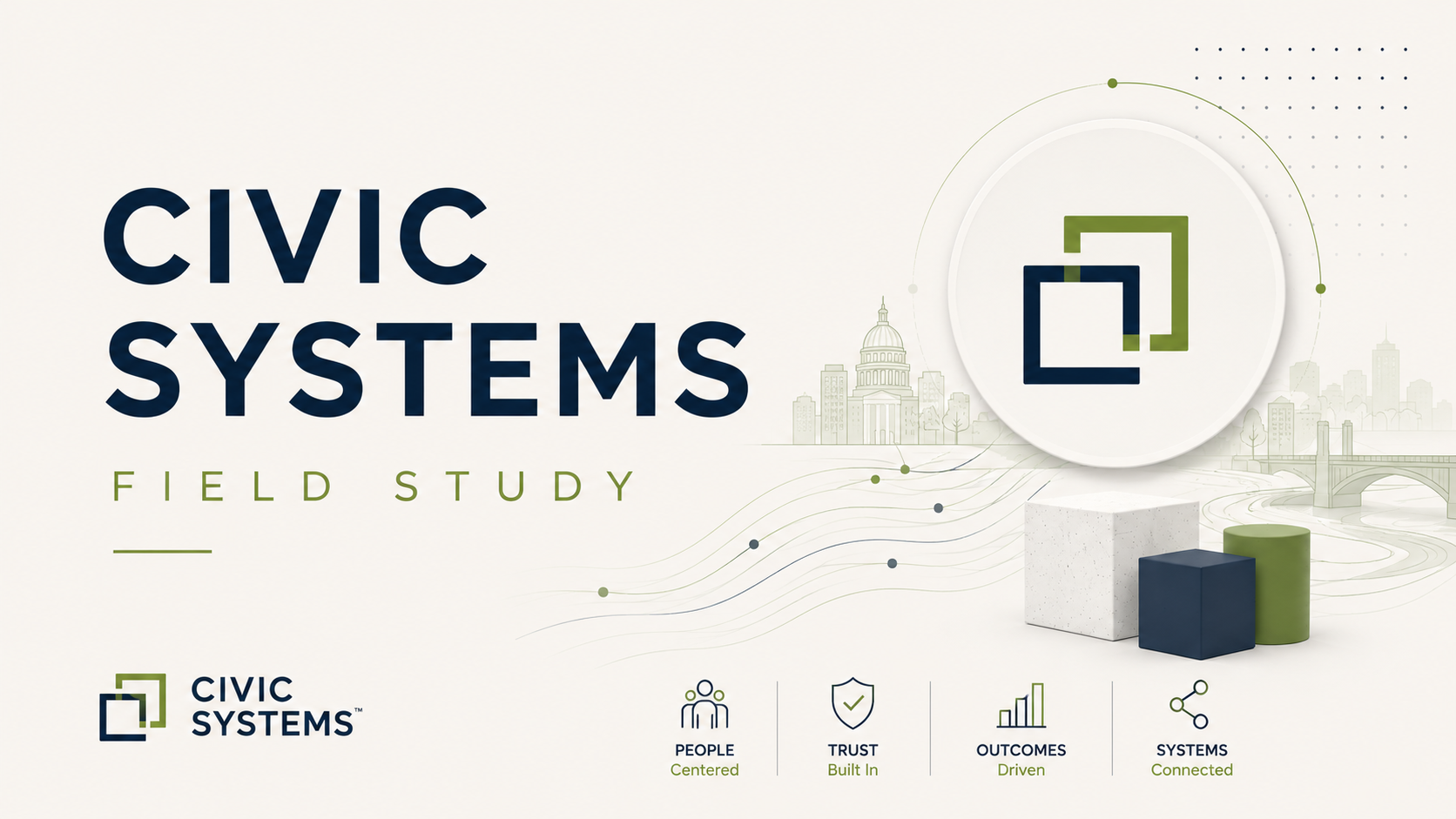Abstract civic infrastructure and human pathways intersecting across a public system